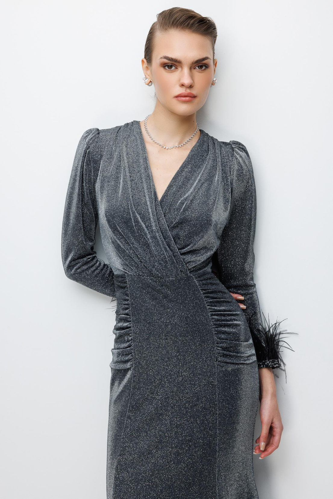 Kol Tüylü Uzun Kol Drape Elbise ANTRASİT