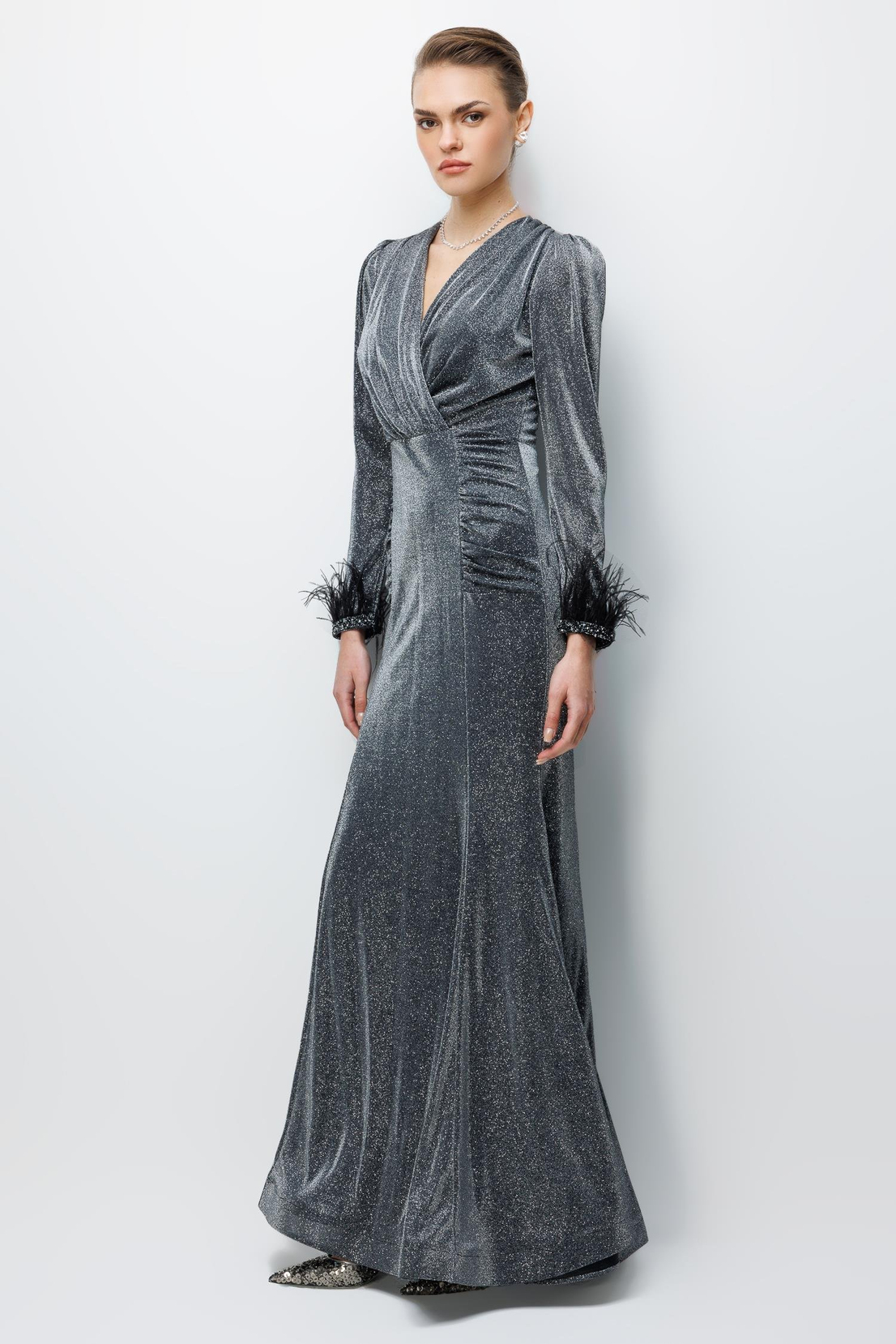 Kol Tüylü Uzun Kol Drape Elbise ANTRASİT