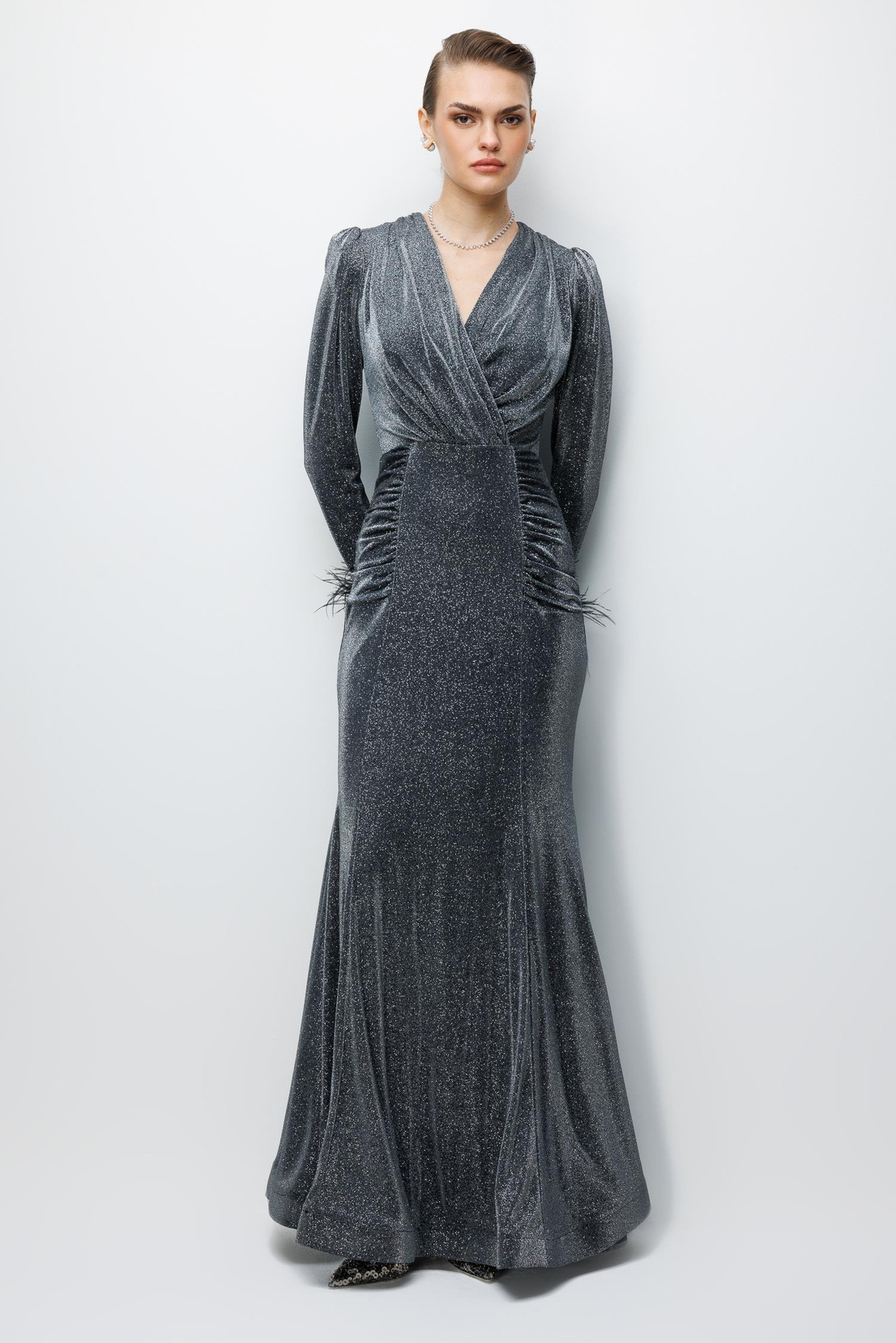 Kol Tüylü Uzun Kol Drape Elbise ANTRASİT