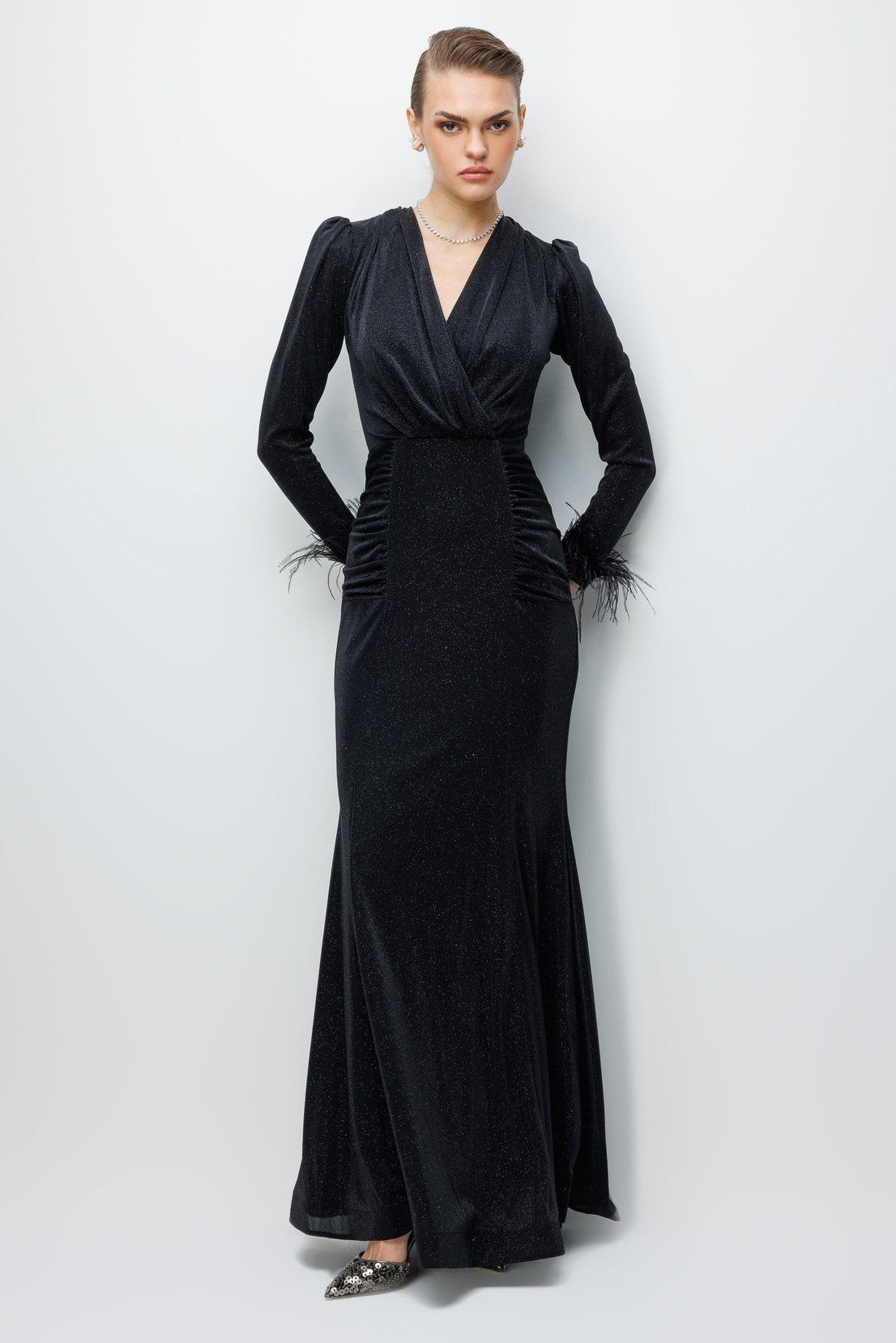 Kol Tüylü Uzun Kol Drape Elbise SİYAH
