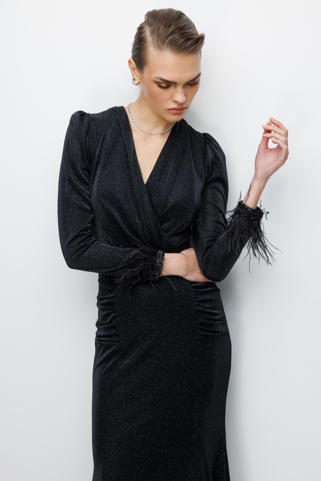 Kol Tüylü Uzun Kol Drape Elbise SİYAH
