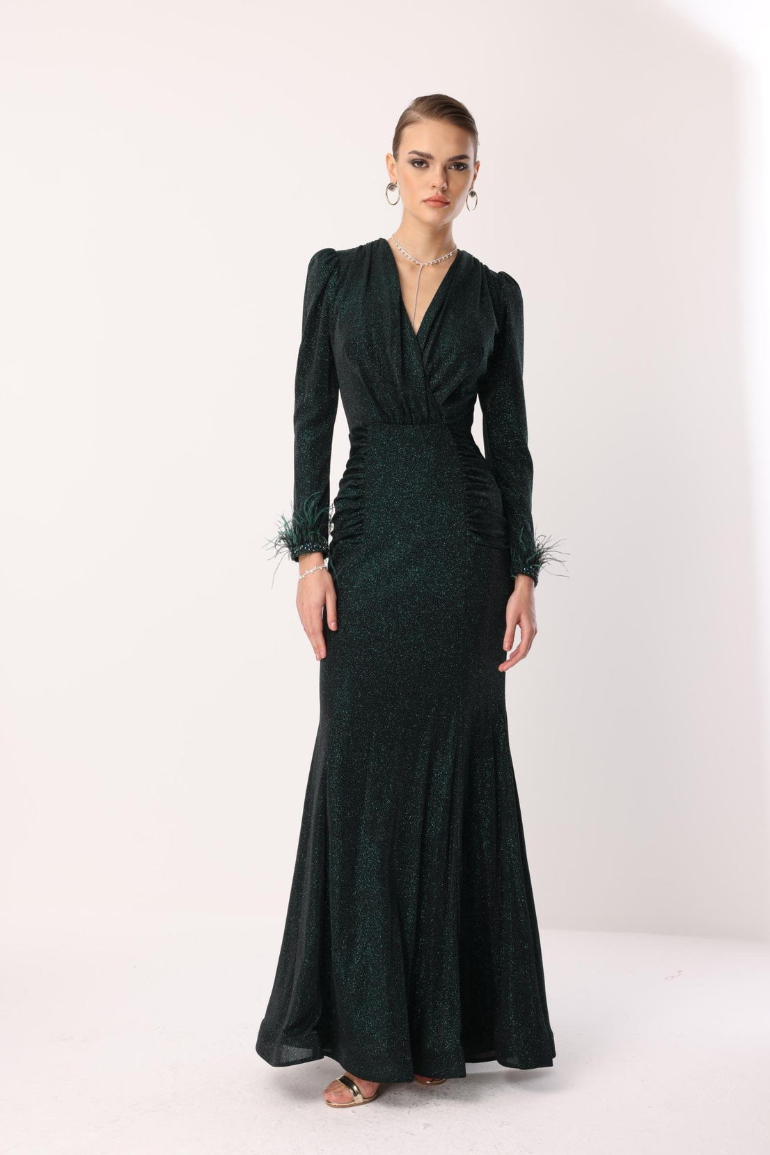 Kol Tüylü Uzun Kol Drape Elbise ZÜMRÜT