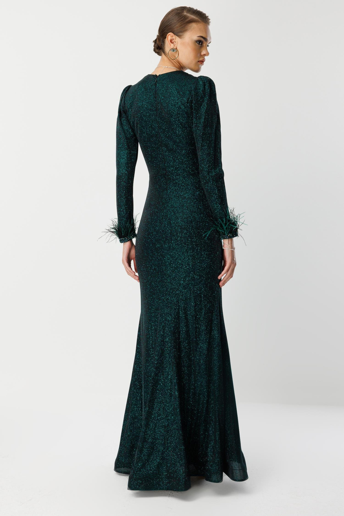 Kol Tüylü Uzun Kol Drape Elbise ZÜMRÜT