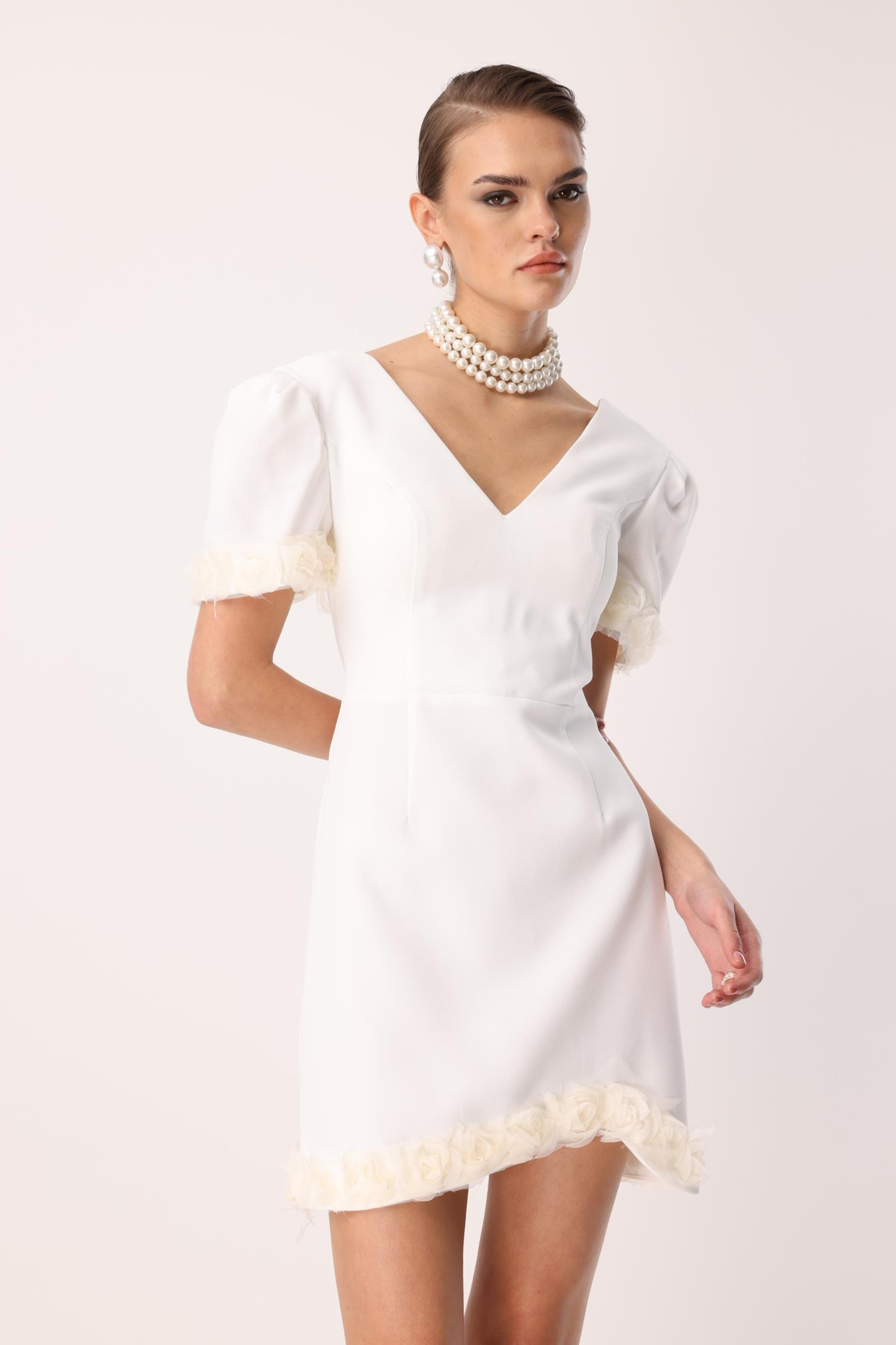 Kol Ve Etek Ucu Gül Detaylı Elbise EKRU