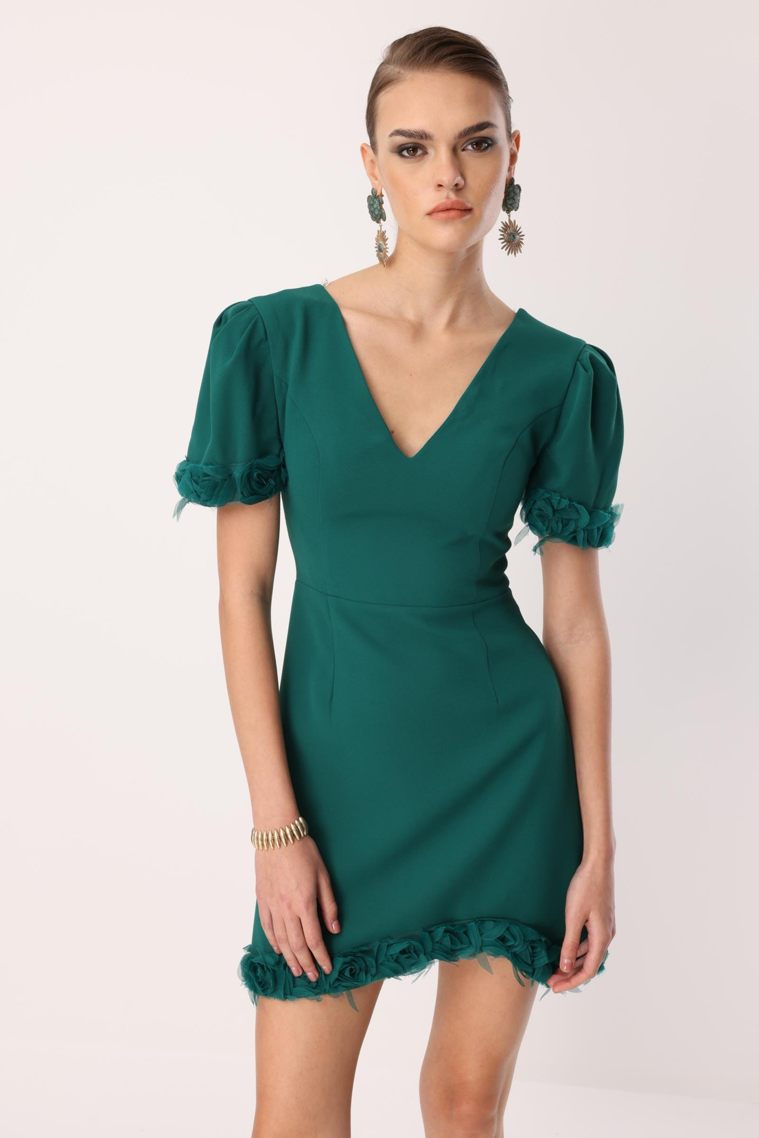 Kol Ve Etek Ucu Gül Detaylı Elbise ZÜMRÜT