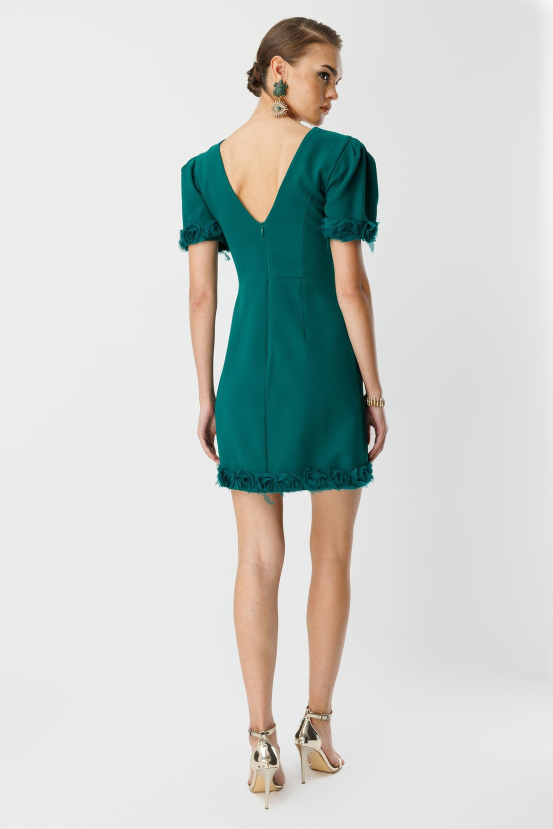 Kol Ve Etek Ucu Gül Detaylı Elbise ZÜMRÜT