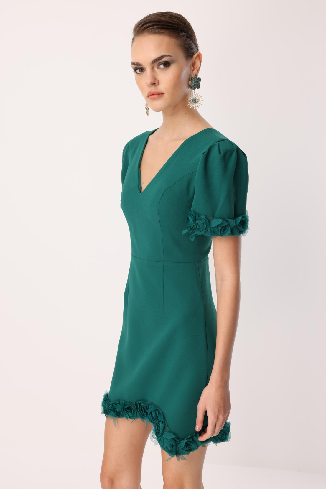 Kol Ve Etek Ucu Gül Detaylı Elbise ZÜMRÜT