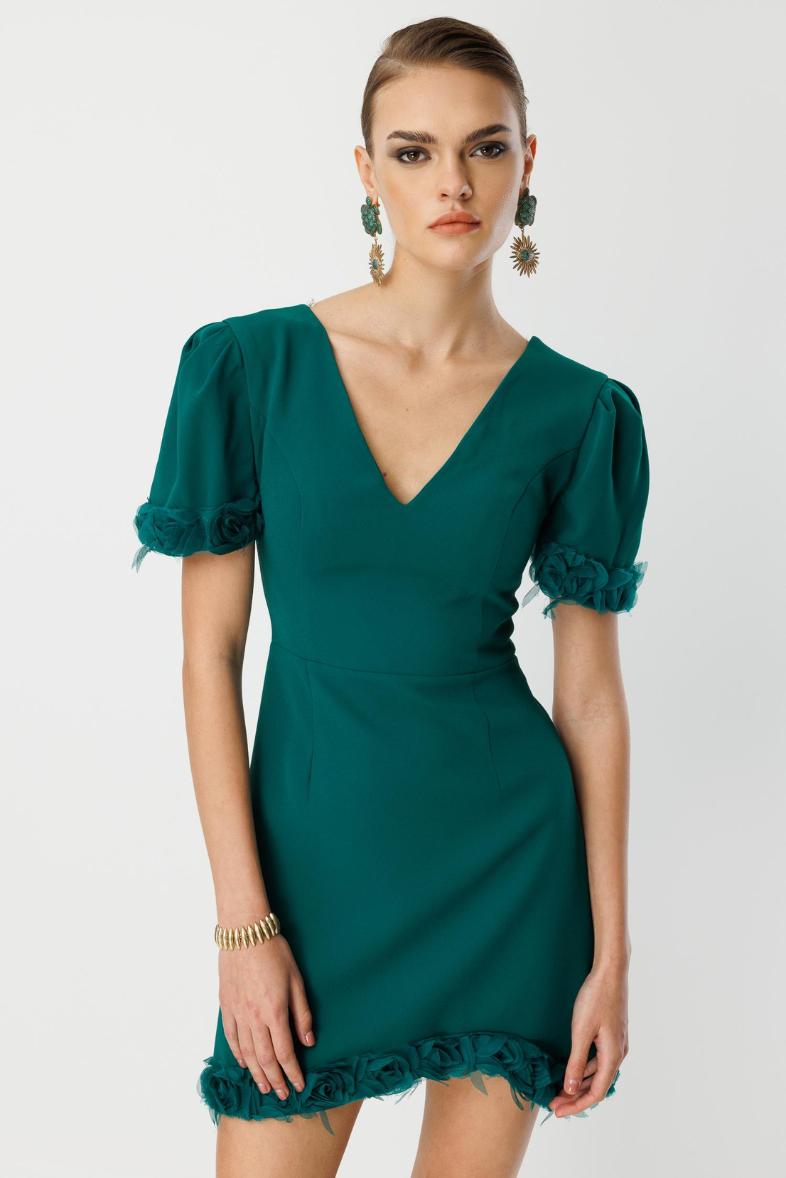 Kol Ve Etek Ucu Gül Detaylı Elbise ZÜMRÜT