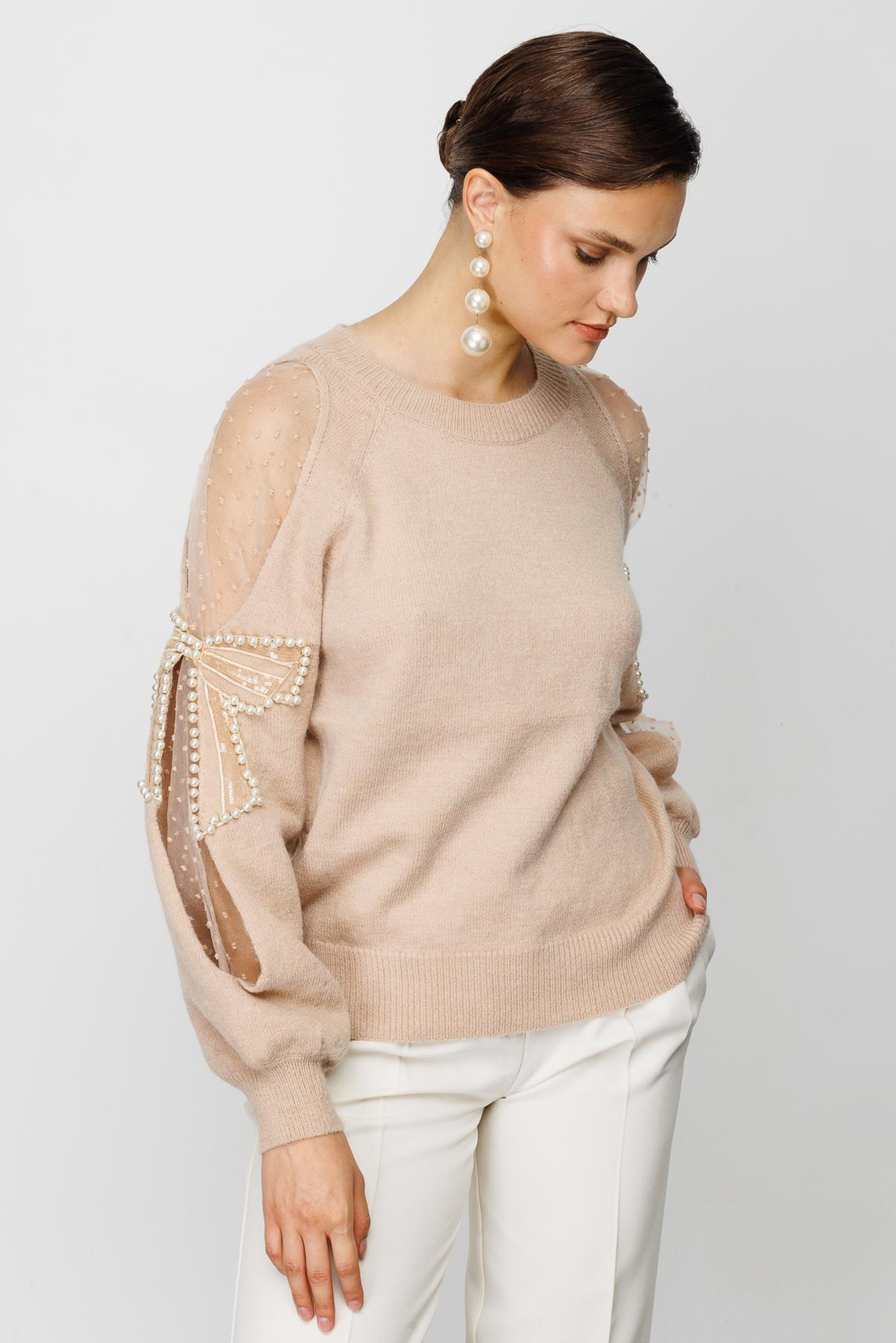 Kolları Boncuk Detaylı Camel  Triko