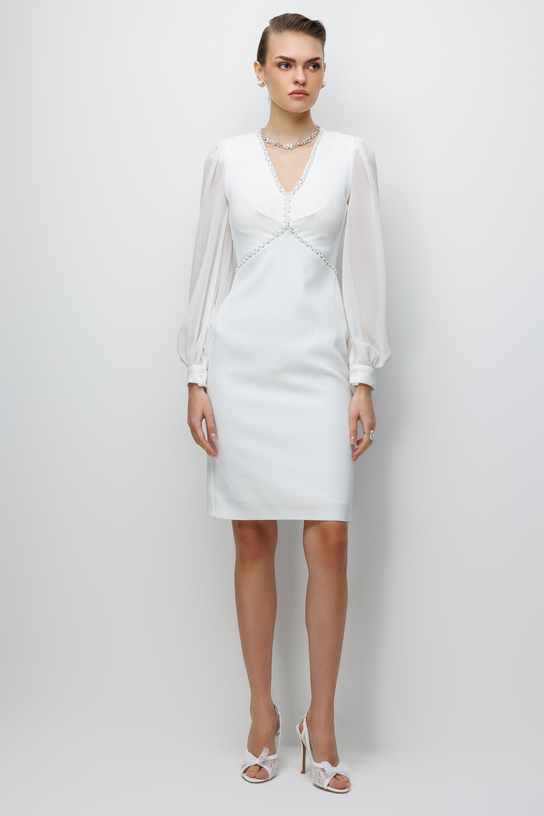 Kolları Şifon V Yaka Elbise EKRU