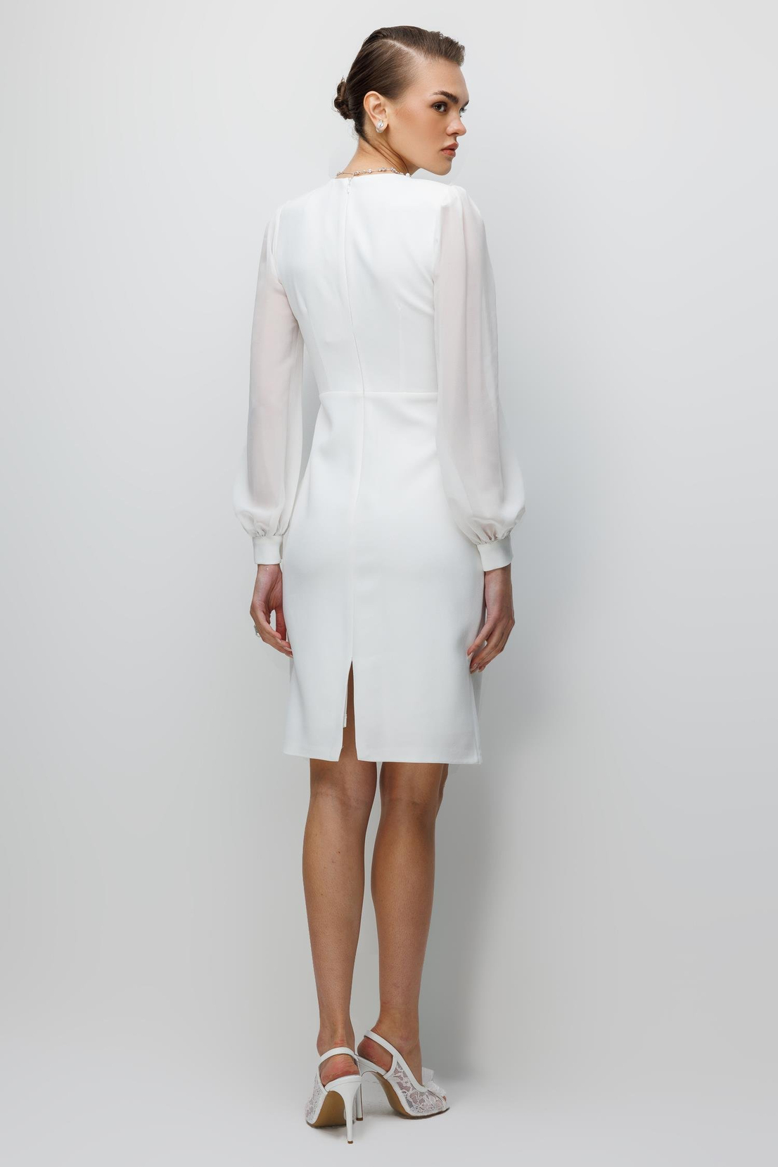 Kolları Şifon V Yaka Elbise EKRU