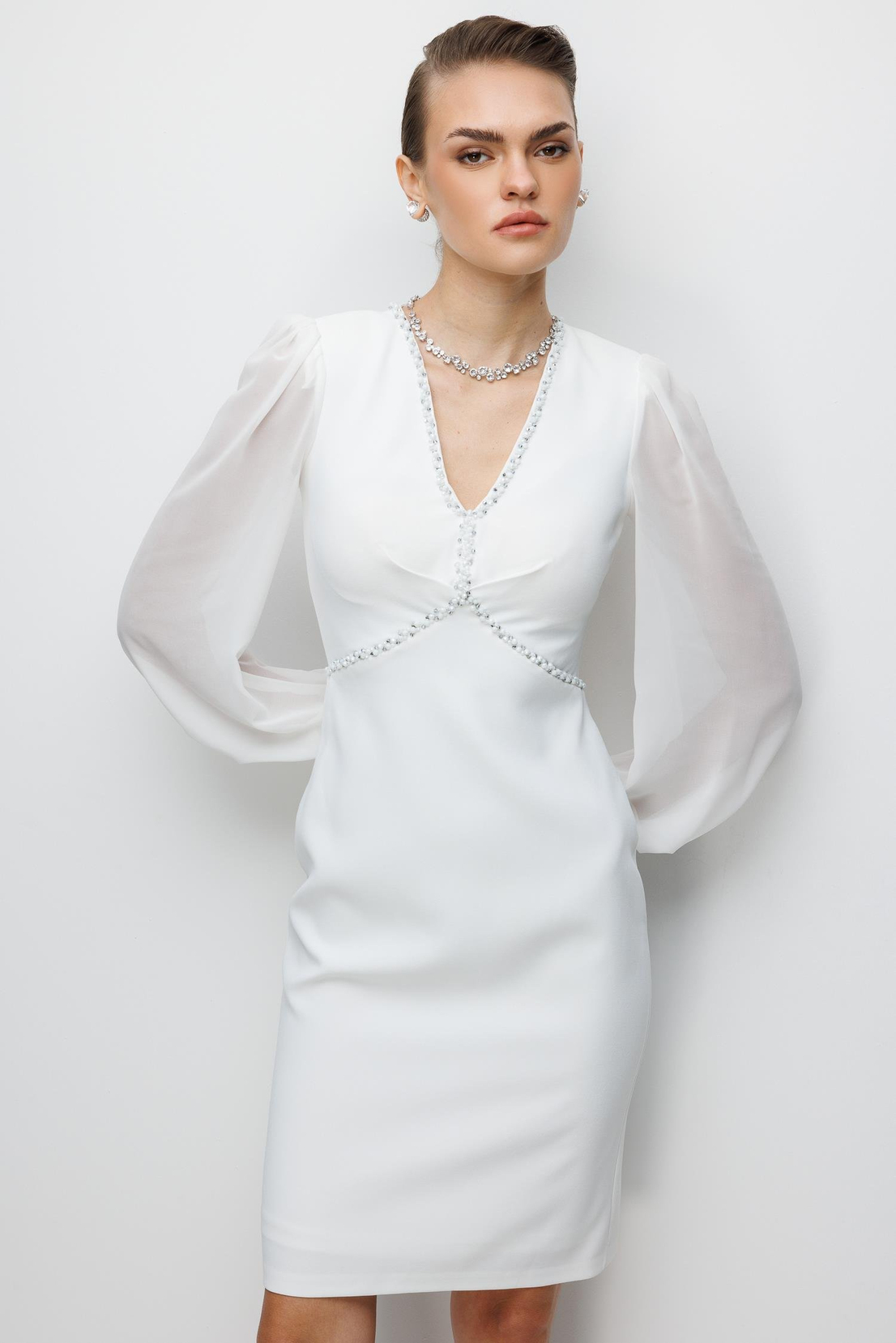 Kolları Şifon V Yaka Elbise EKRU