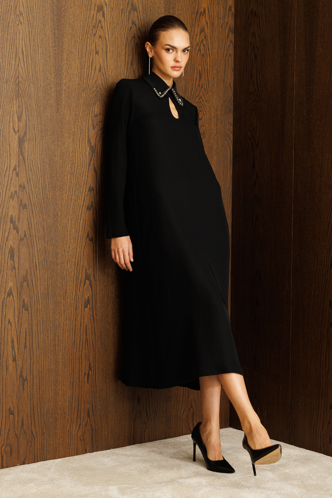 Kolları Trikolu A Form Elbise SİYAH