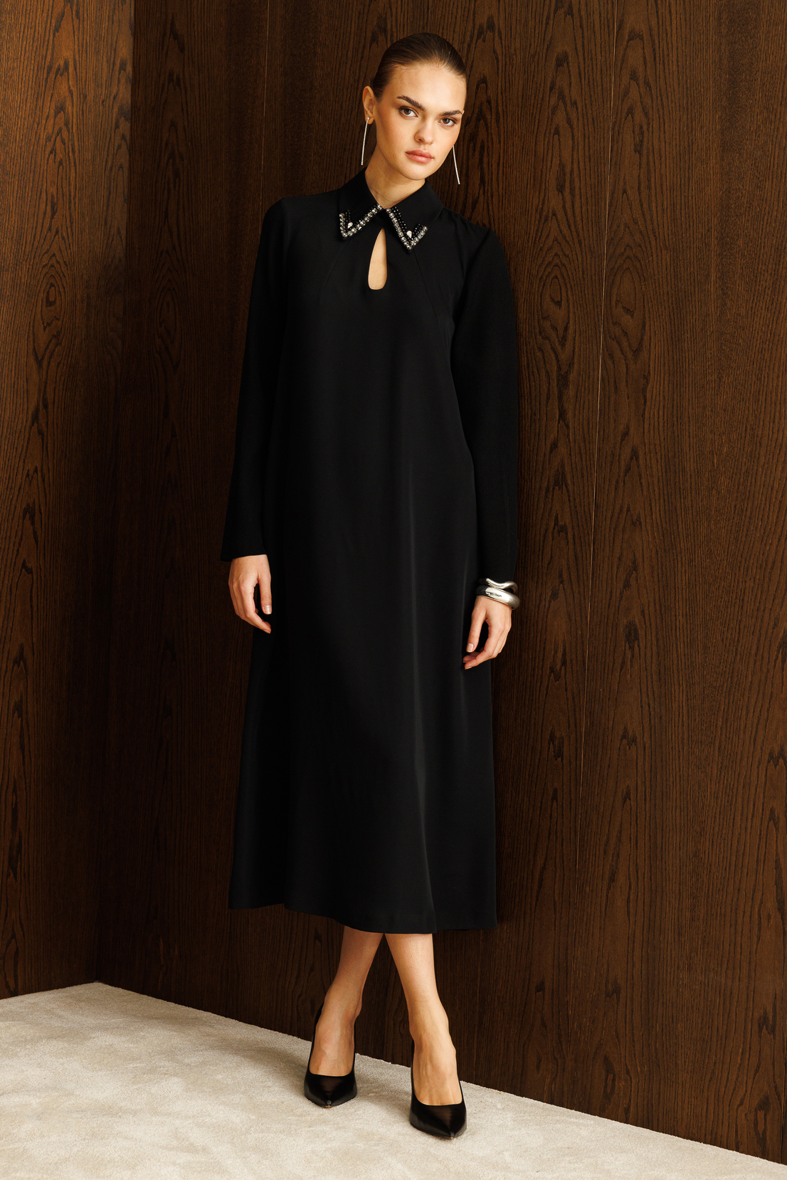 Kolları Trikolu A Form Elbise SİYAH