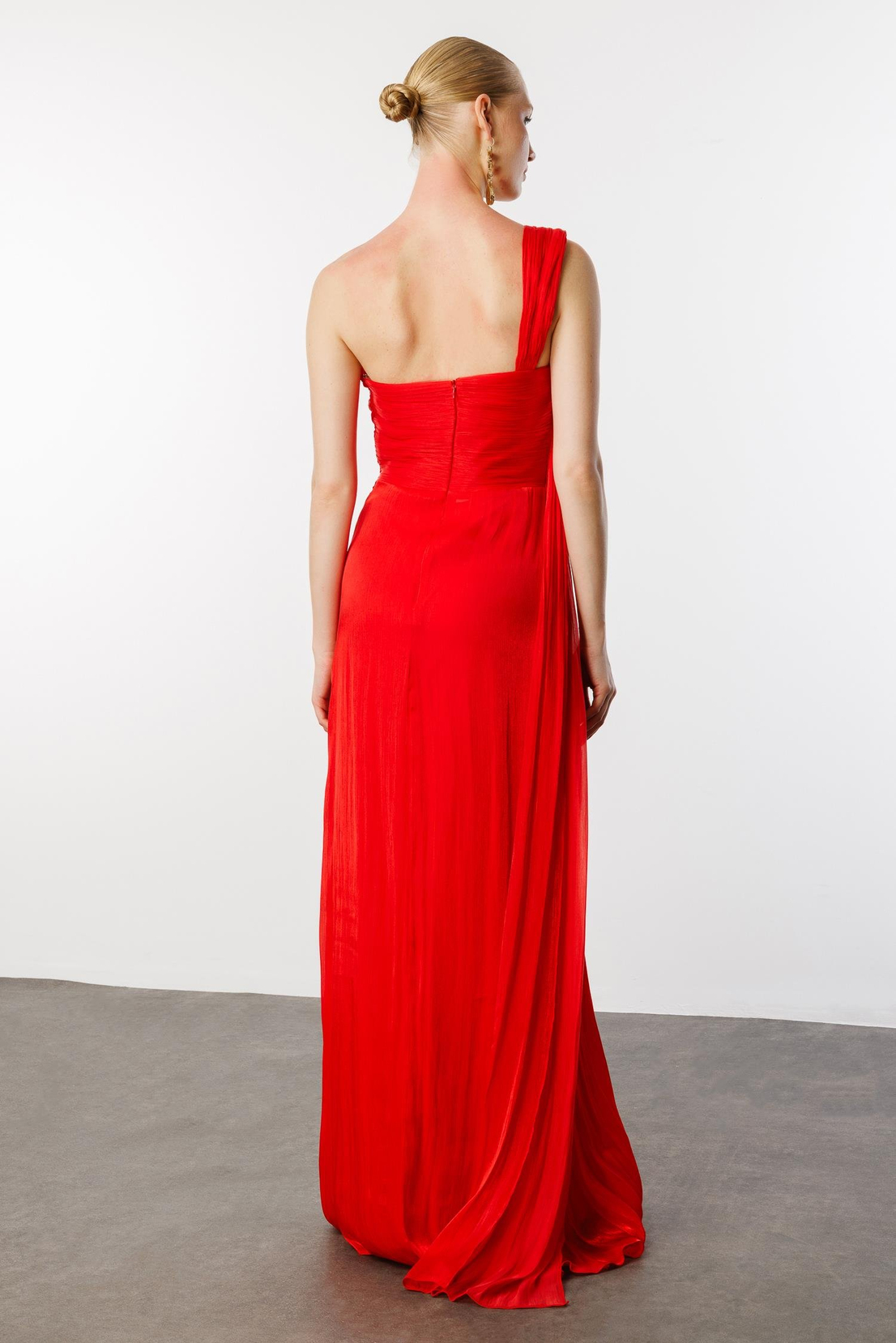 Komple Büzgülü Belden Parçalı Tek Omuz Elbise KIRMIZI