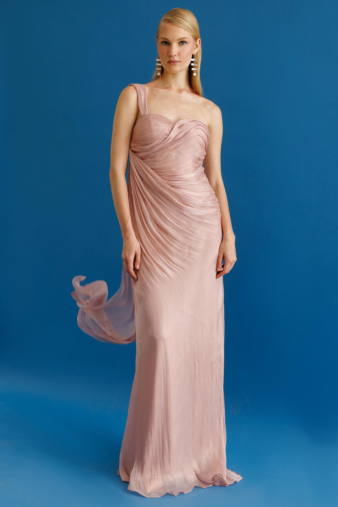 Komple Büzgülü Belden Parçalı Tek Omuz Elbise PUDRA