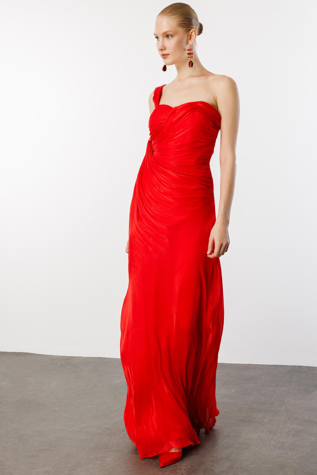 Komple Büzgülü Belden Parçalı Tek Omuz Elbise KIRMIZI