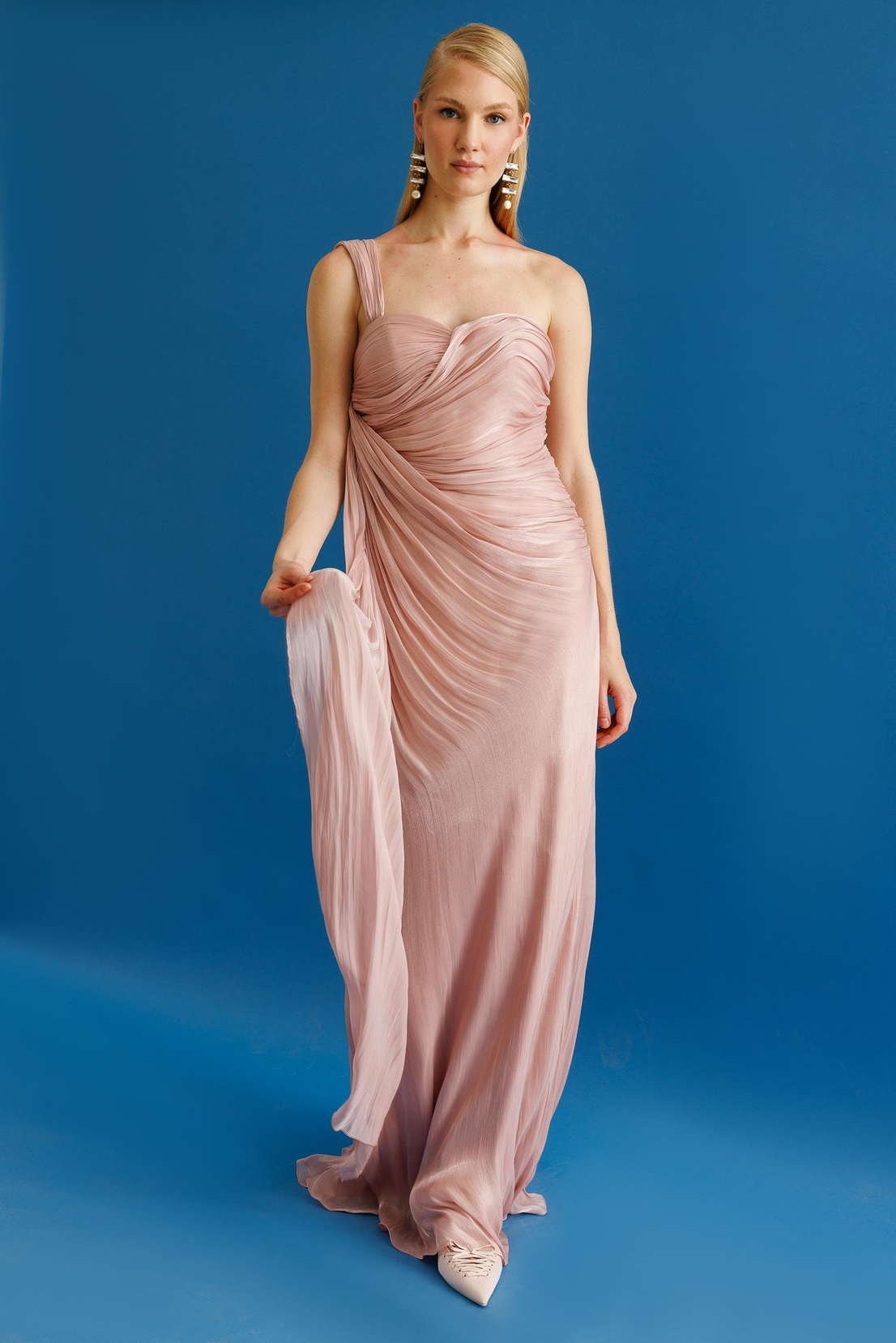 Komple Büzgülü Belden Parçalı Tek Omuz Elbise PUDRA