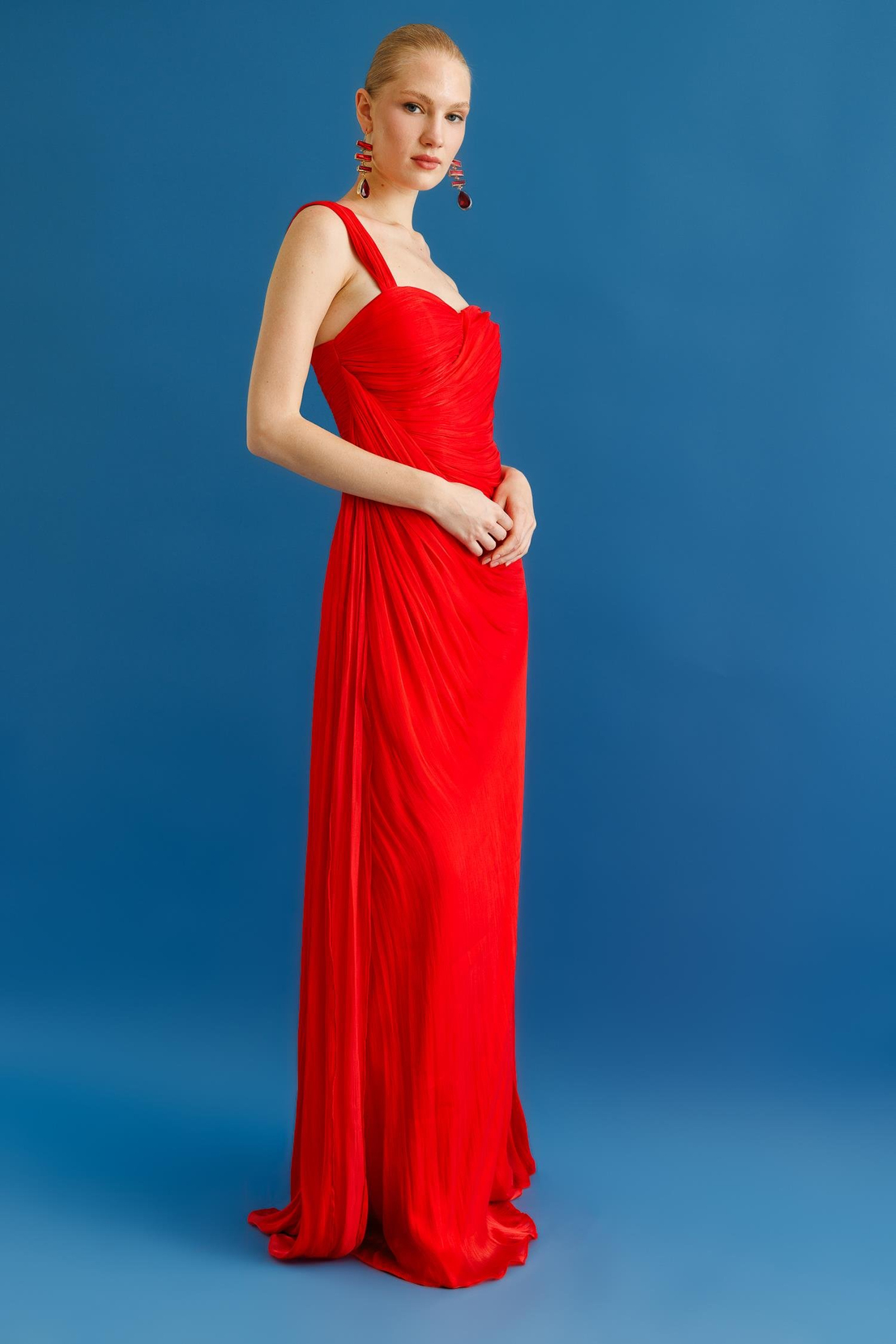 Komple Büzgülü Belden Parçalı Tek Omuz Elbise KIRMIZI