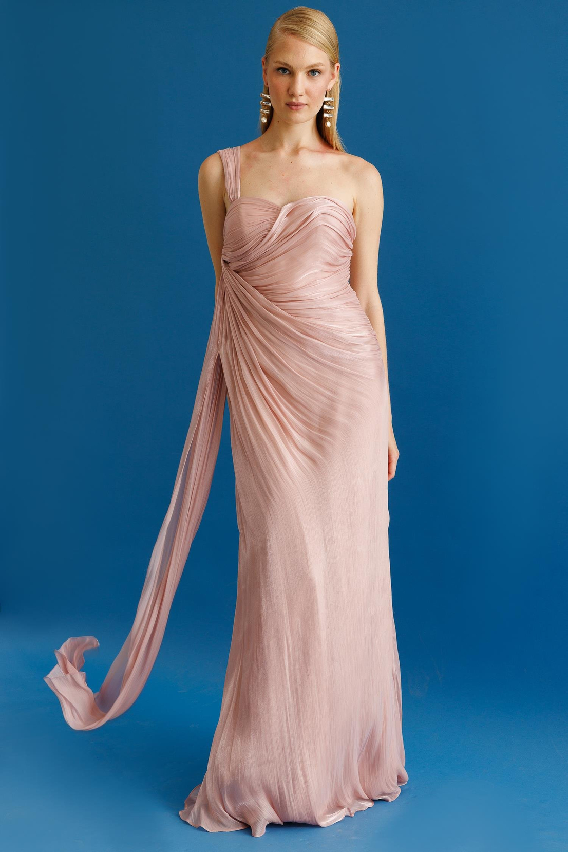 Komple Büzgülü Belden Parçalı Tek Omuz Elbise PUDRA