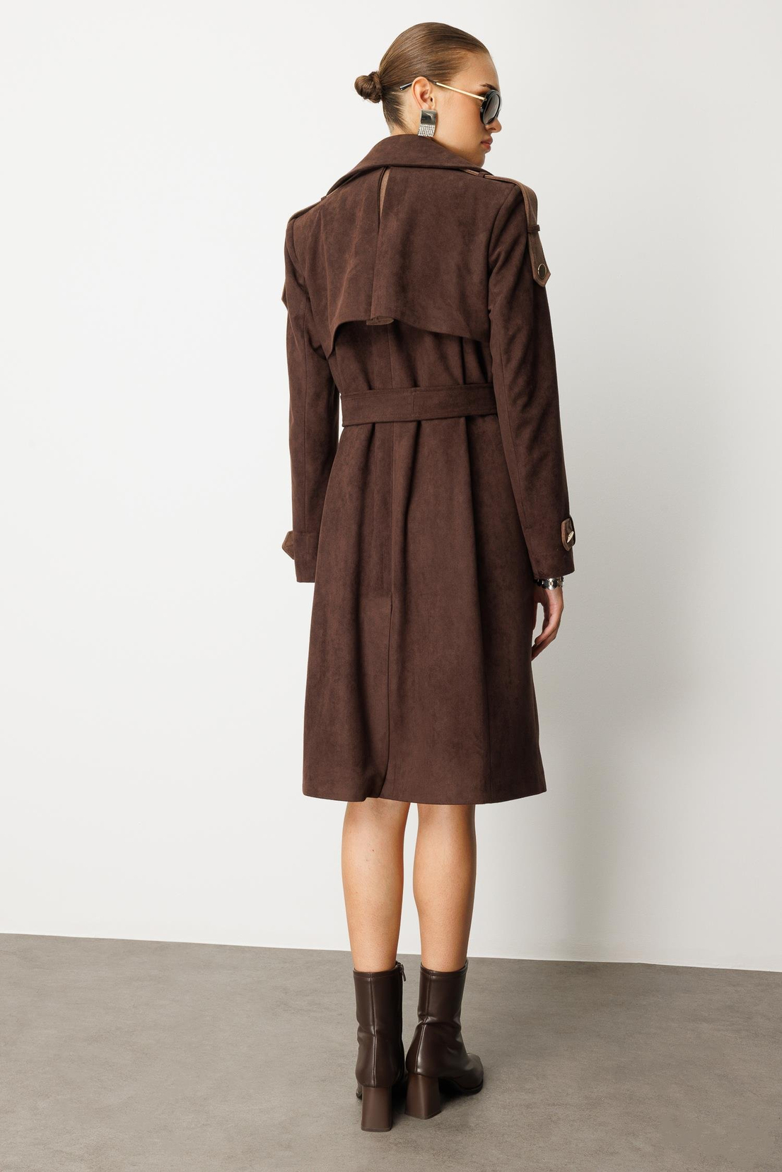 Kontrast Renk Süet Garnili Trençkot KAHVE