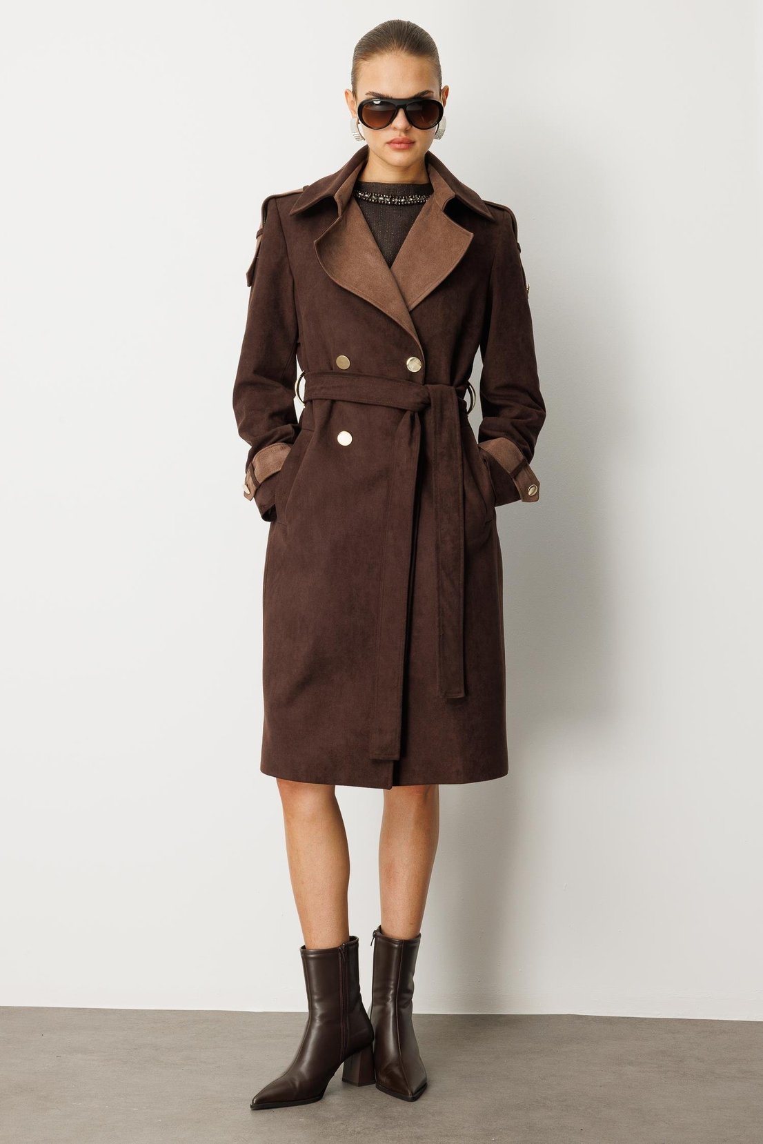 Kontrast Renk Süet Garnili Trençkot KAHVE