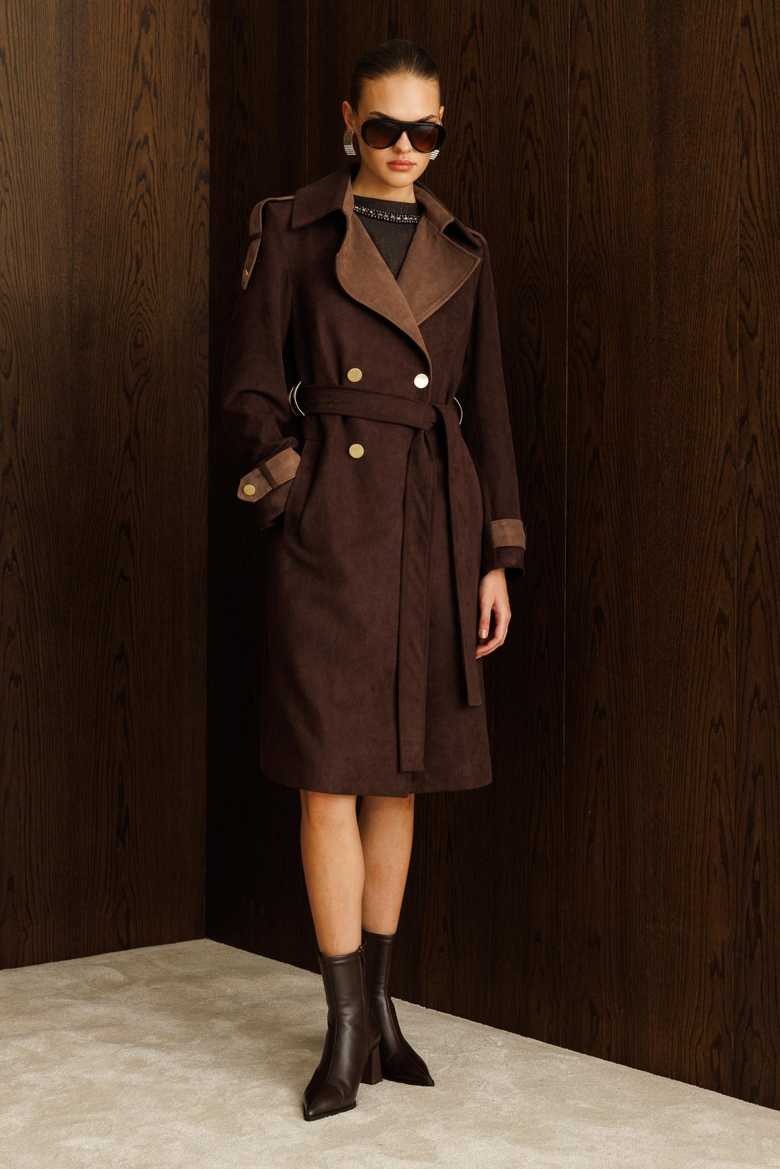 Kontrast Renk Süet Garnili Trençkot KAHVE