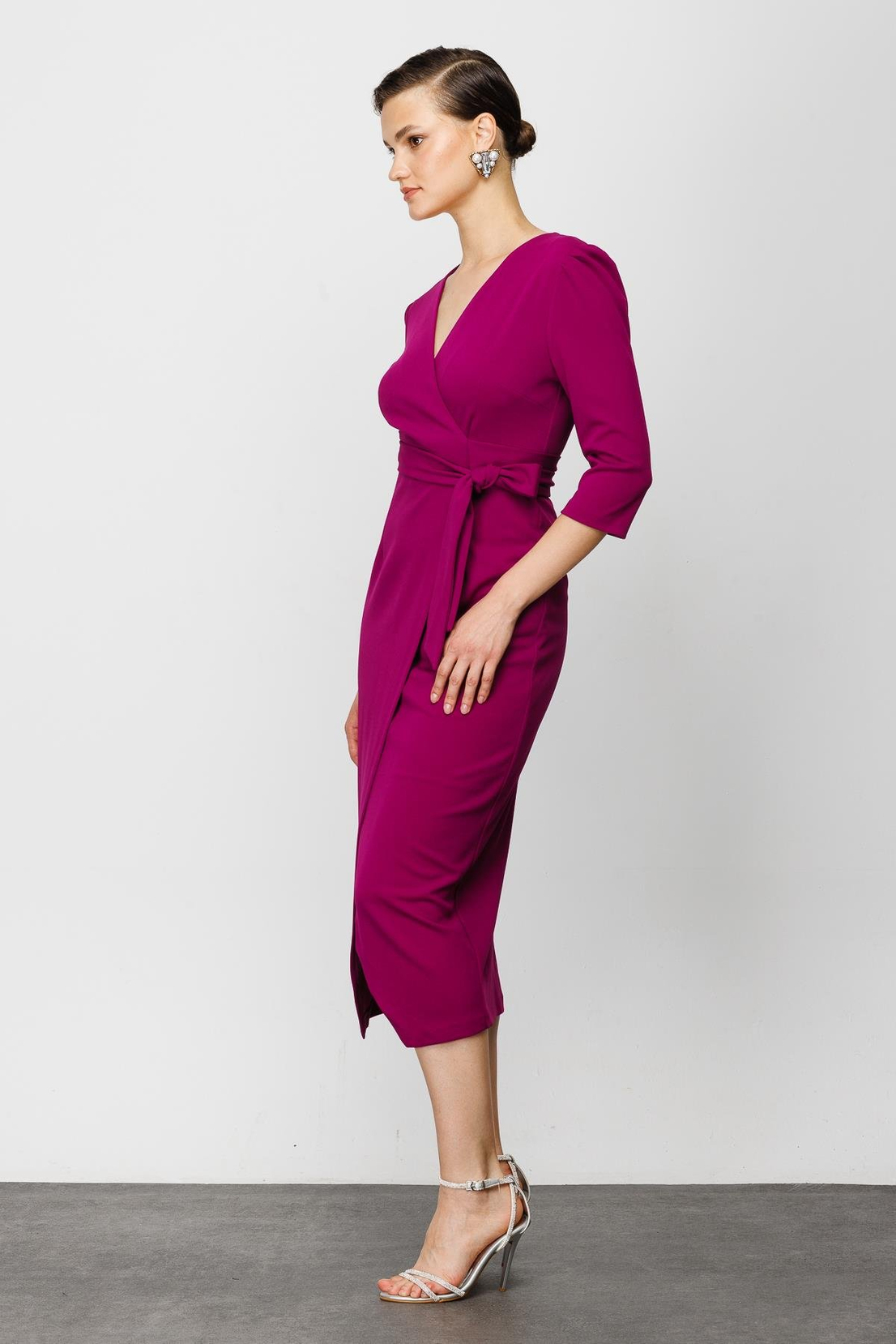 Koyu Fuşya Kruvaze Krep Elbise