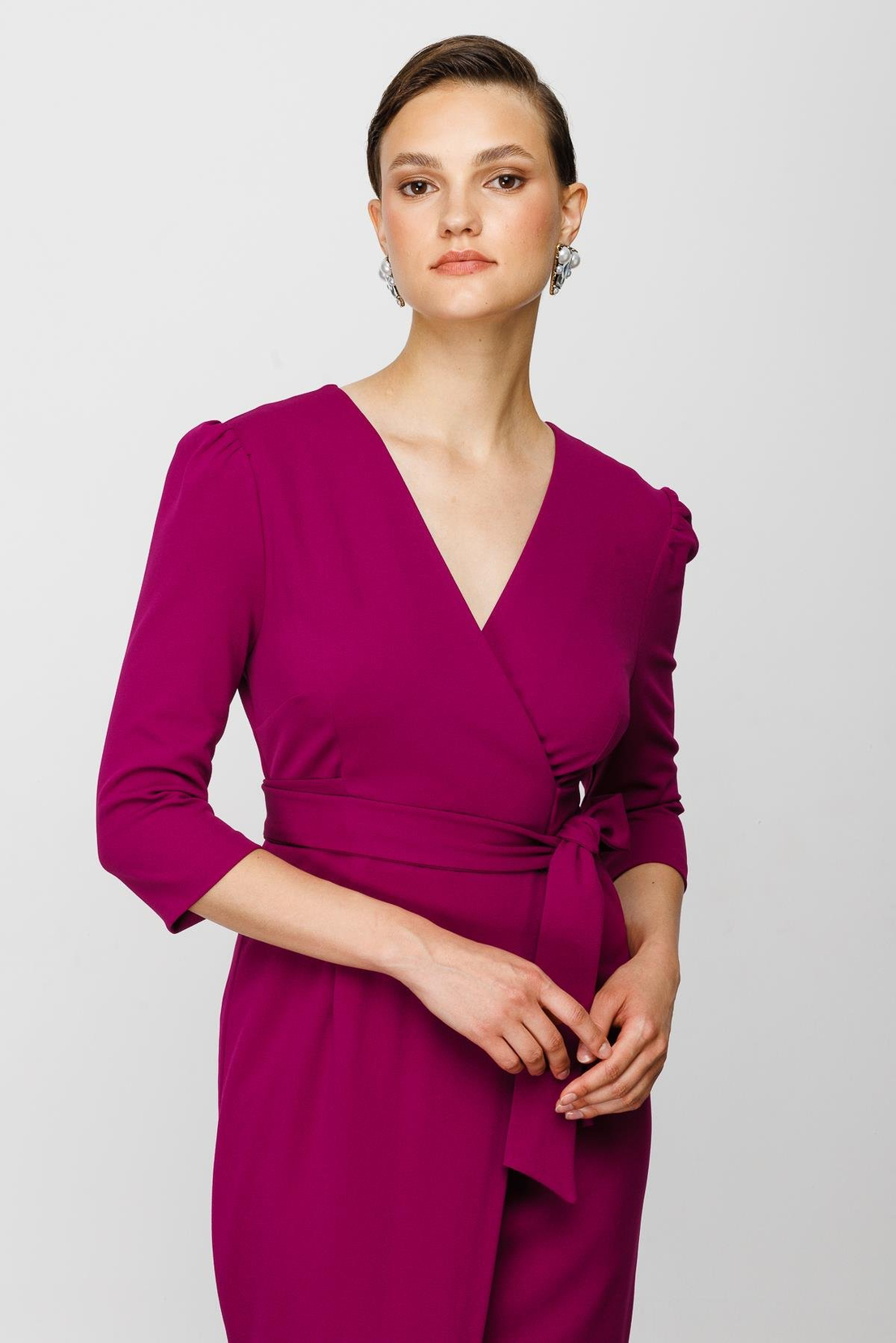 Koyu Fuşya Kruvaze Krep Elbise