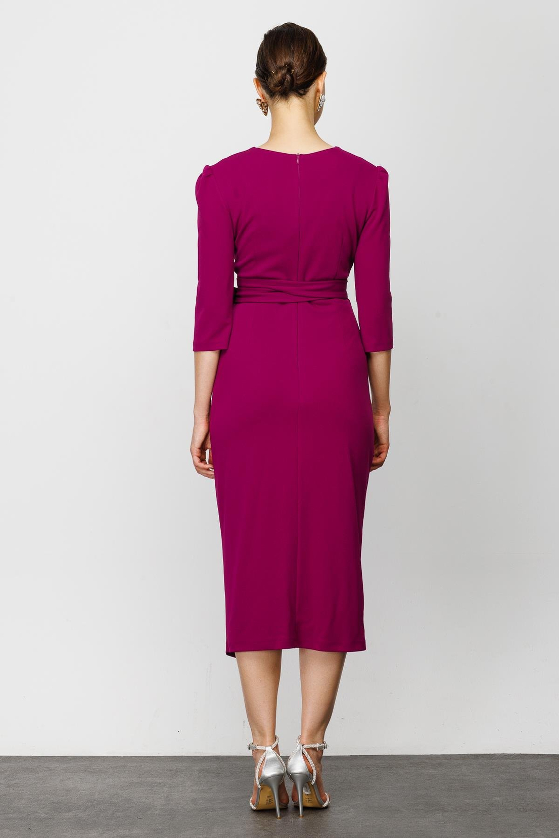 Koyu Fuşya Kruvaze Krep Elbise