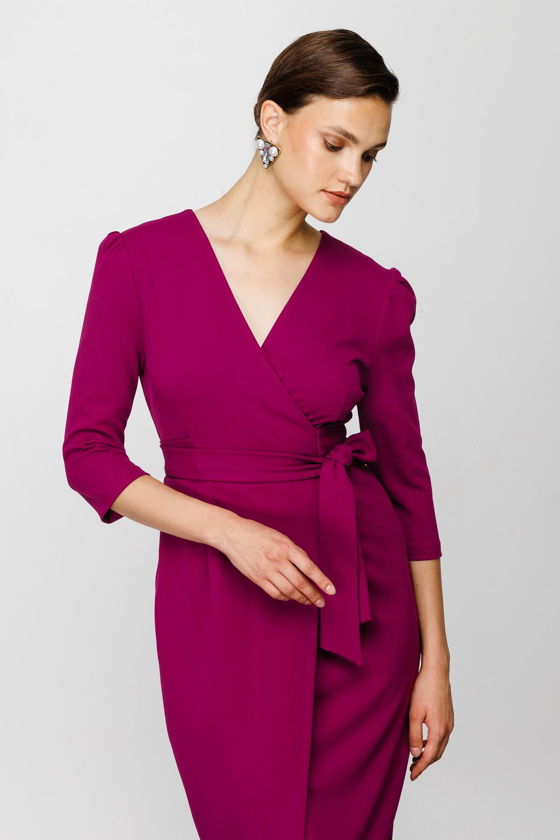 Koyu Fuşya Kruvaze Krep Elbise