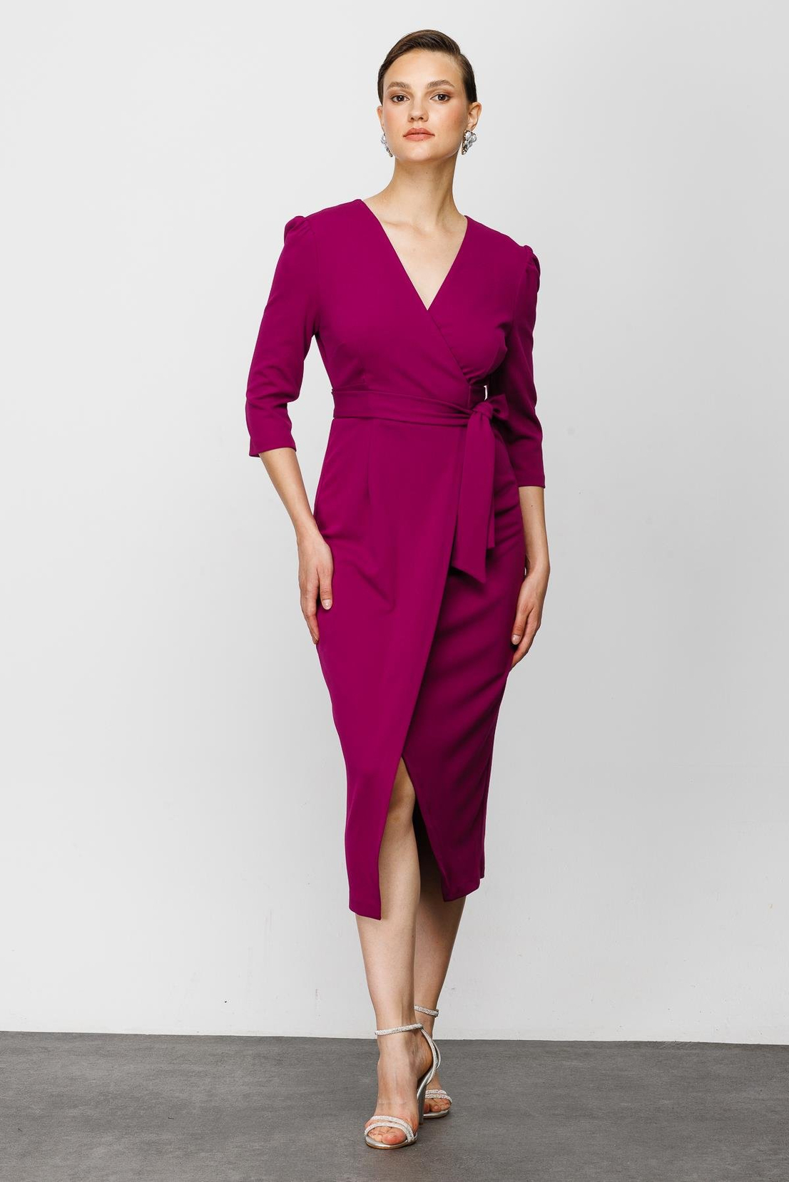 Koyu Fuşya Kruvaze Krep Elbise
