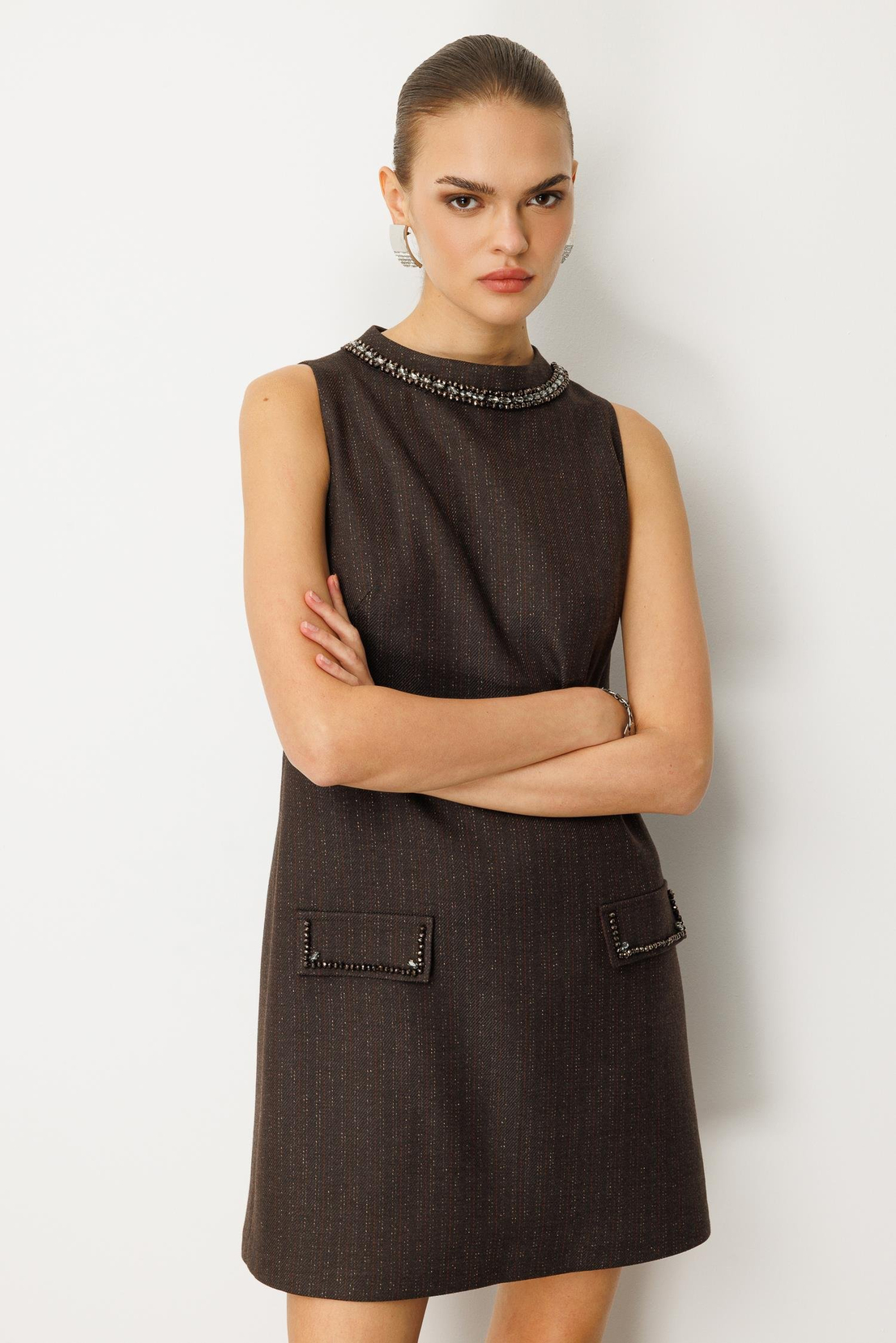 Kristal Taş İşlemeli A Form Elbise KAHVE