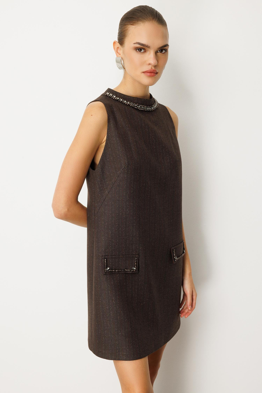 Kristal Taş İşlemeli A Form Elbise KAHVE