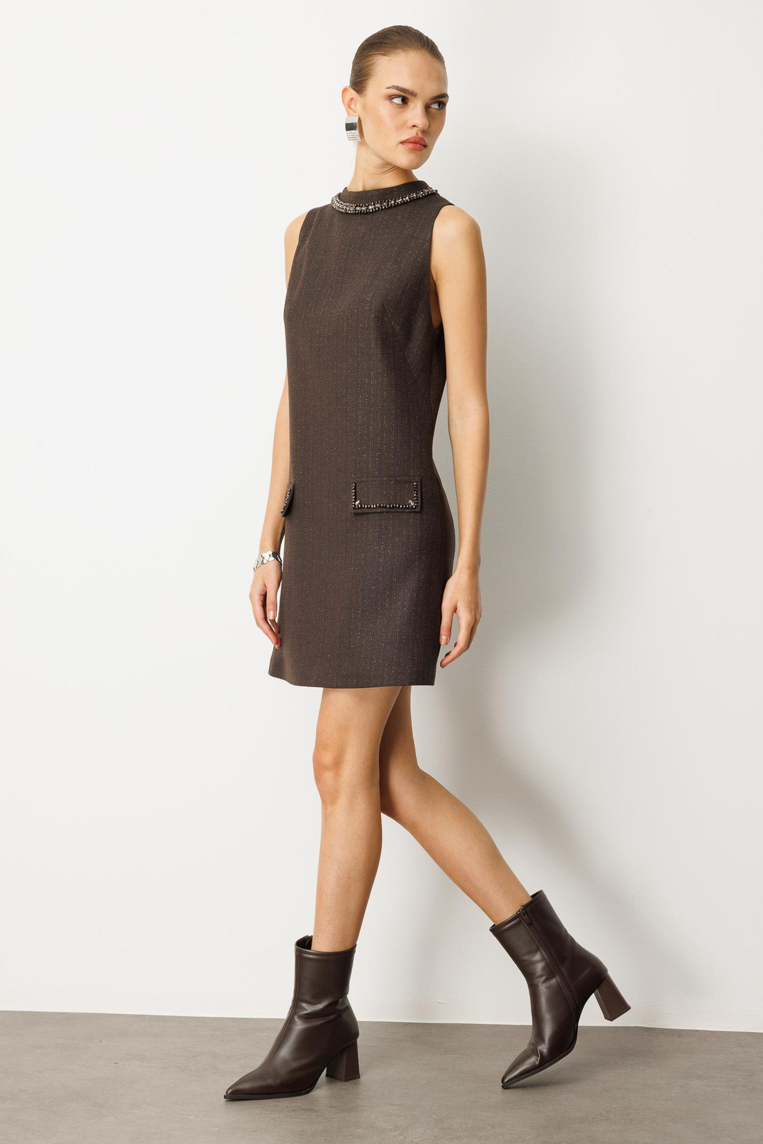 Kristal Taş İşlemeli A Form Elbise KAHVE