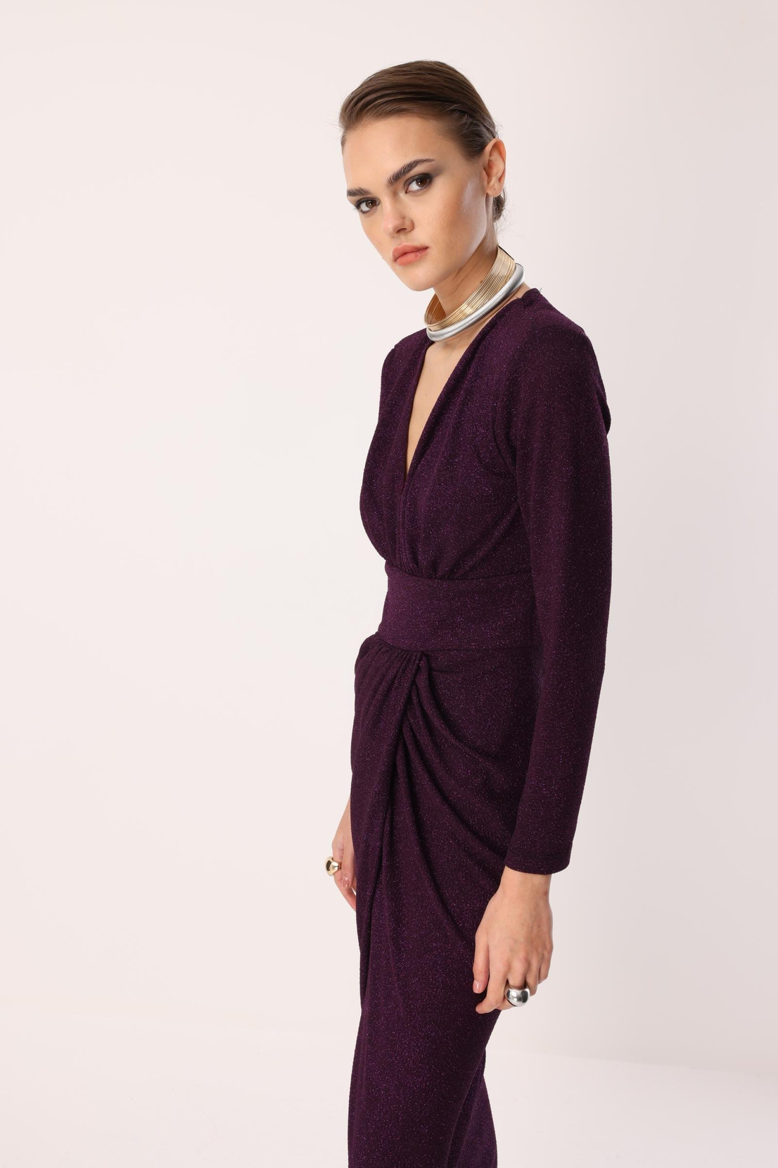 Kruvaze Drape Elbise MÜRDÜM