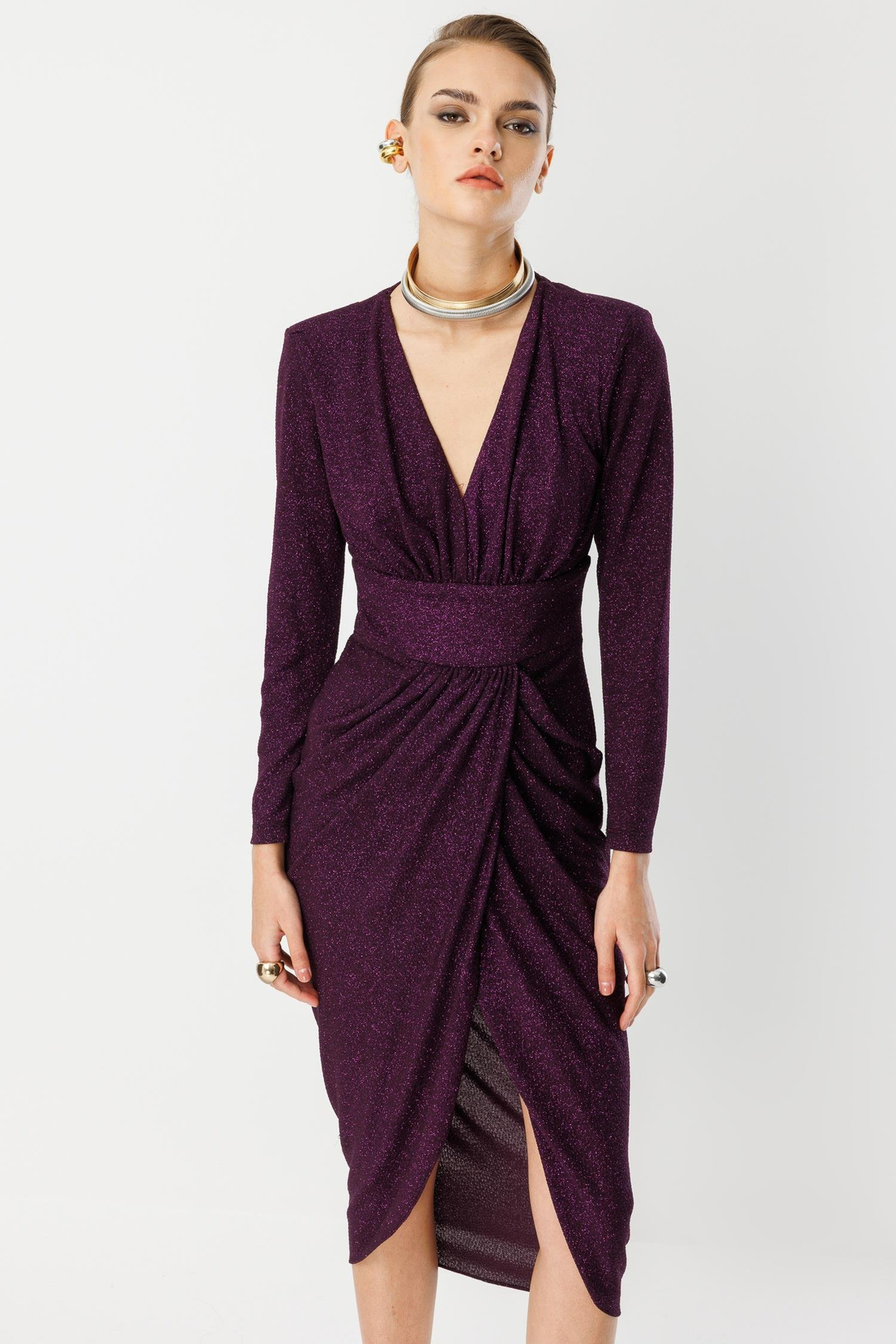 Kruvaze Drape Elbise MÜRDÜM