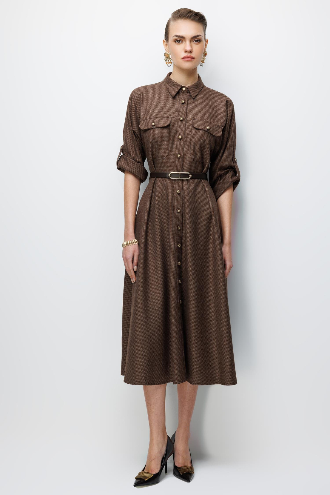 Küçük Kazayağı Desen Kemerli Elbise KAHVE