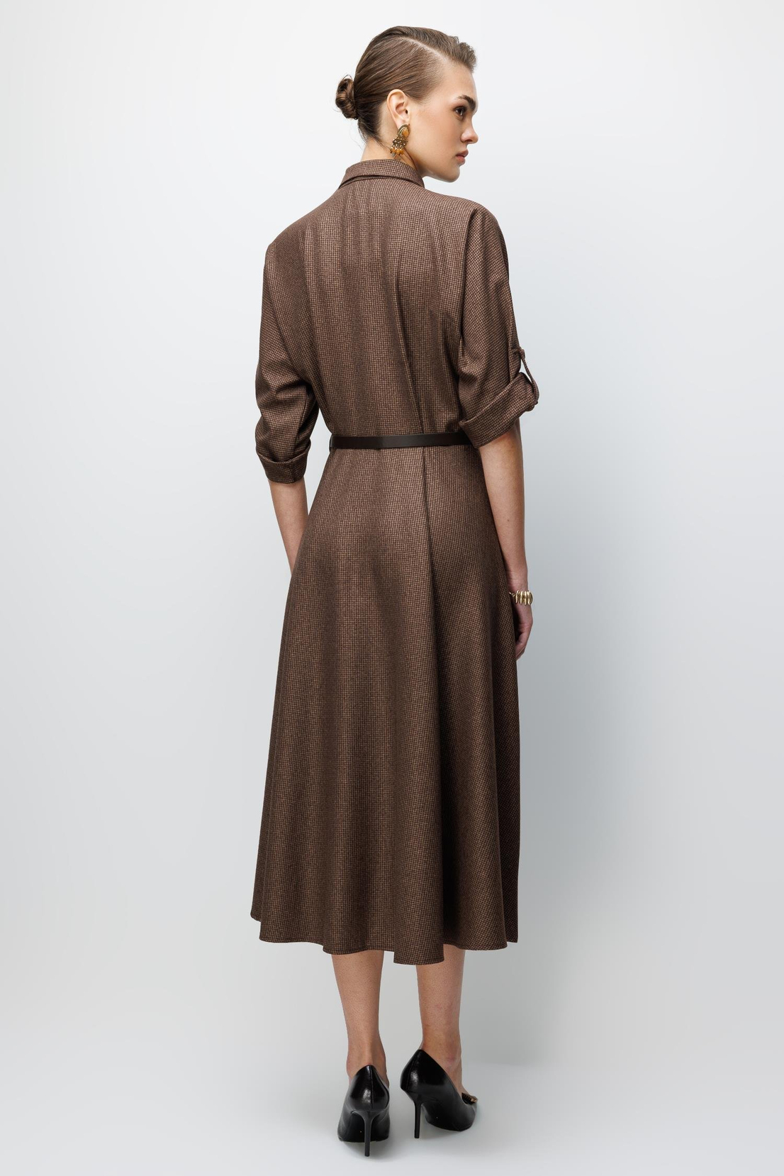 Küçük Kazayağı Desen Kemerli Elbise KAHVE