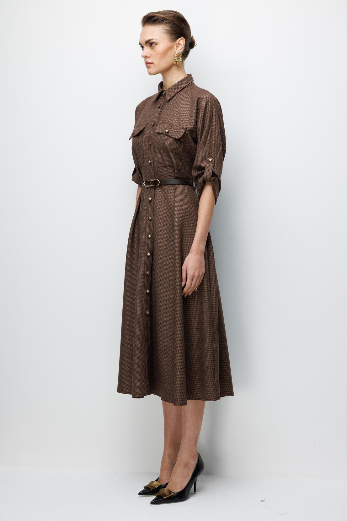 Küçük Kazayağı Desen Kemerli Elbise KAHVE