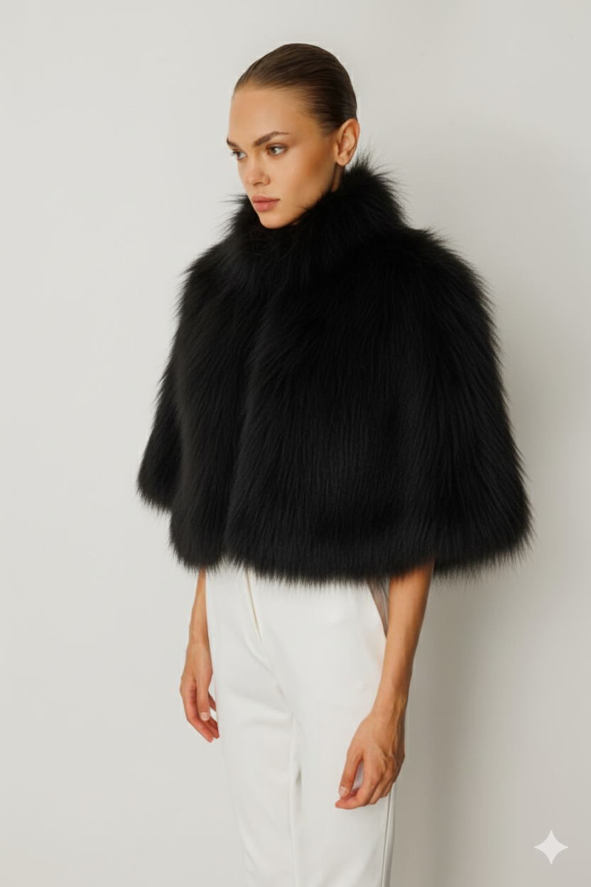 Kürk Detay Pelerin SİYAH