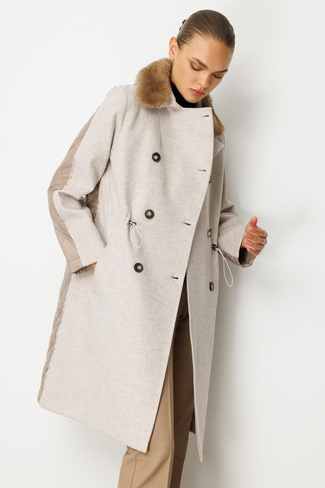 Kürk Yakalı Oversize Mont BEJ