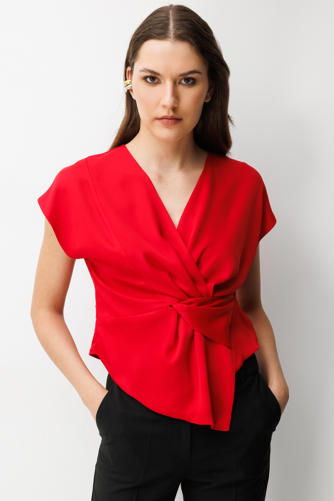 Kuruvaze Drapeli Bluz KIRMIZI