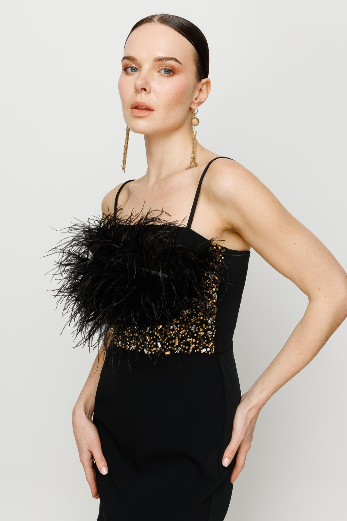 Kuş Tüyü Detay Siyah Gece Elbise