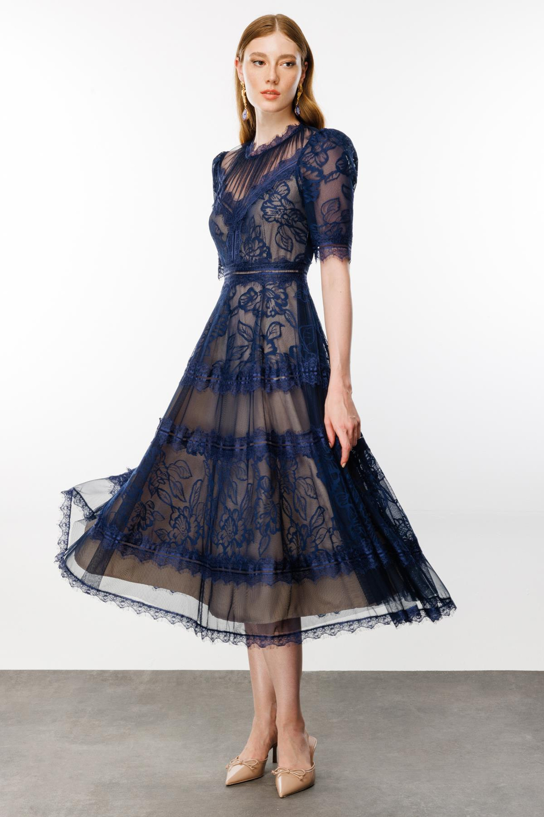 Lacivert Dantel Detay Elbise