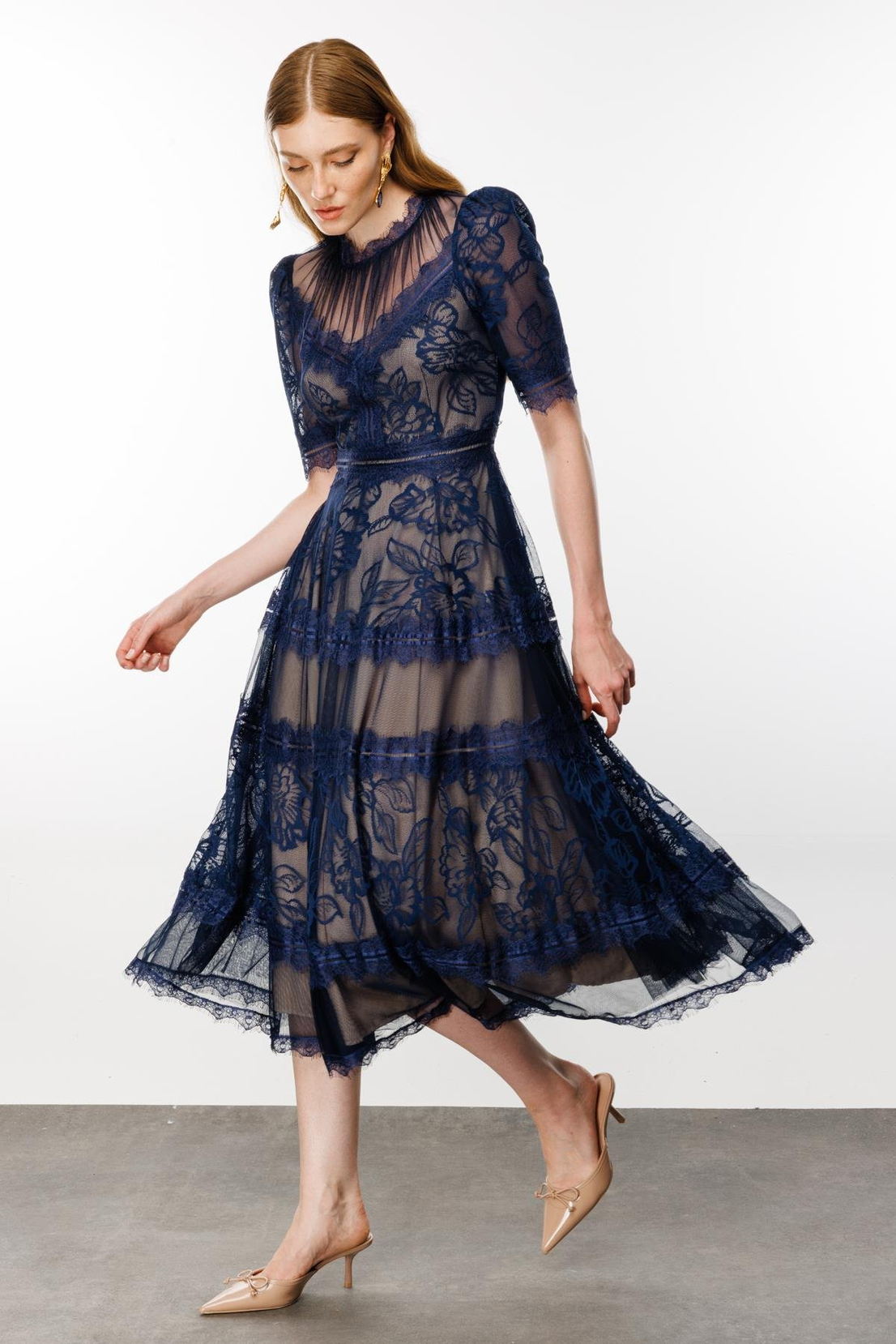 Lacivert Dantel Detay Elbise