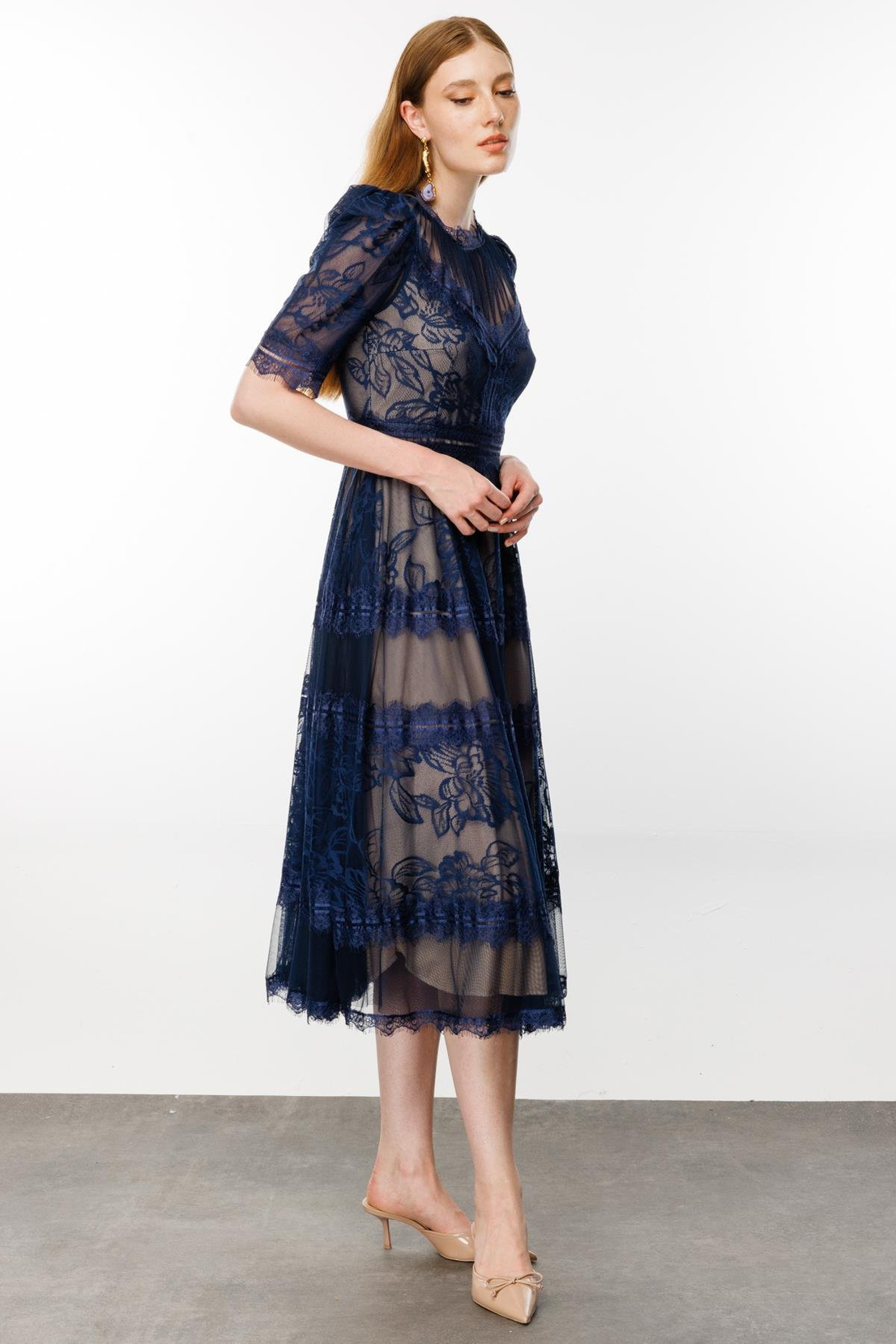 Lacivert Dantel Detay Elbise