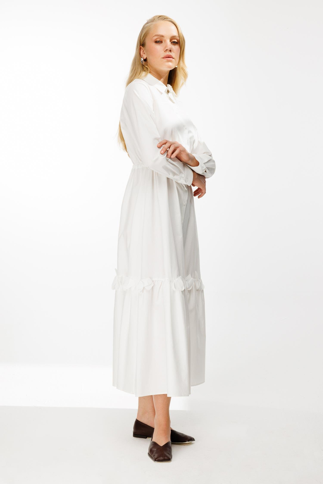 Lazer Çiçekli Gömlek Elbise EKRU