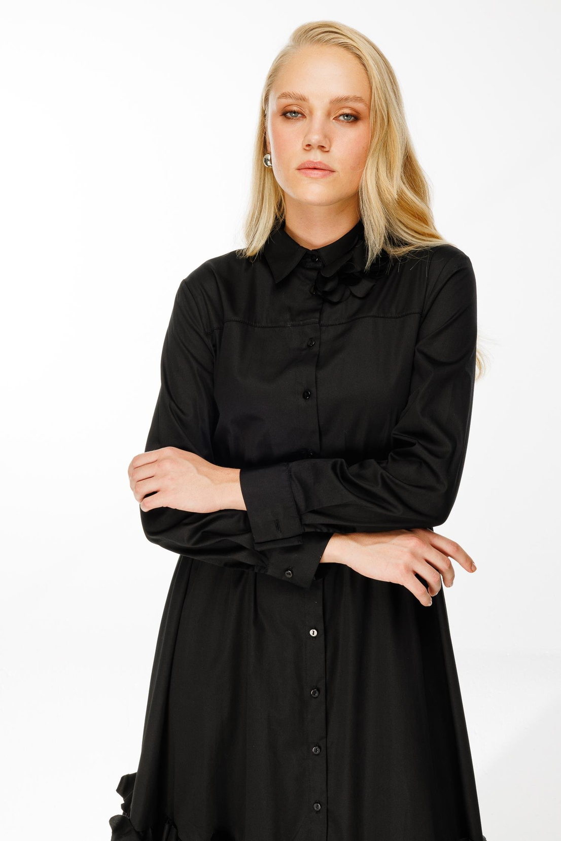 Lazer Çiçekli Gömlek Elbise SİYAH