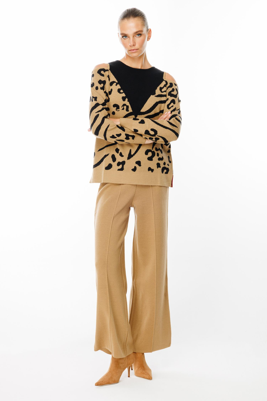 Leopar Desenli Omuz Dekolte Kazak CAMEL-SİYAH
